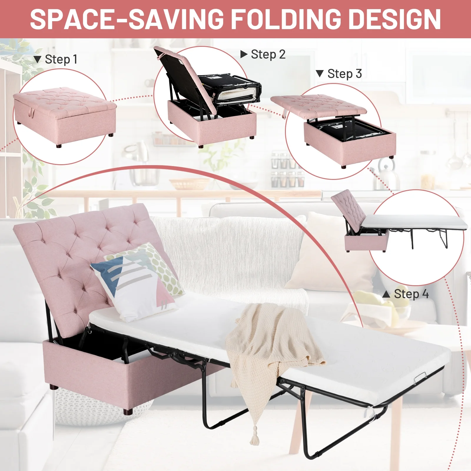 Folding Ottoman Sleeper Bed With Mattress, Pink - Image 10