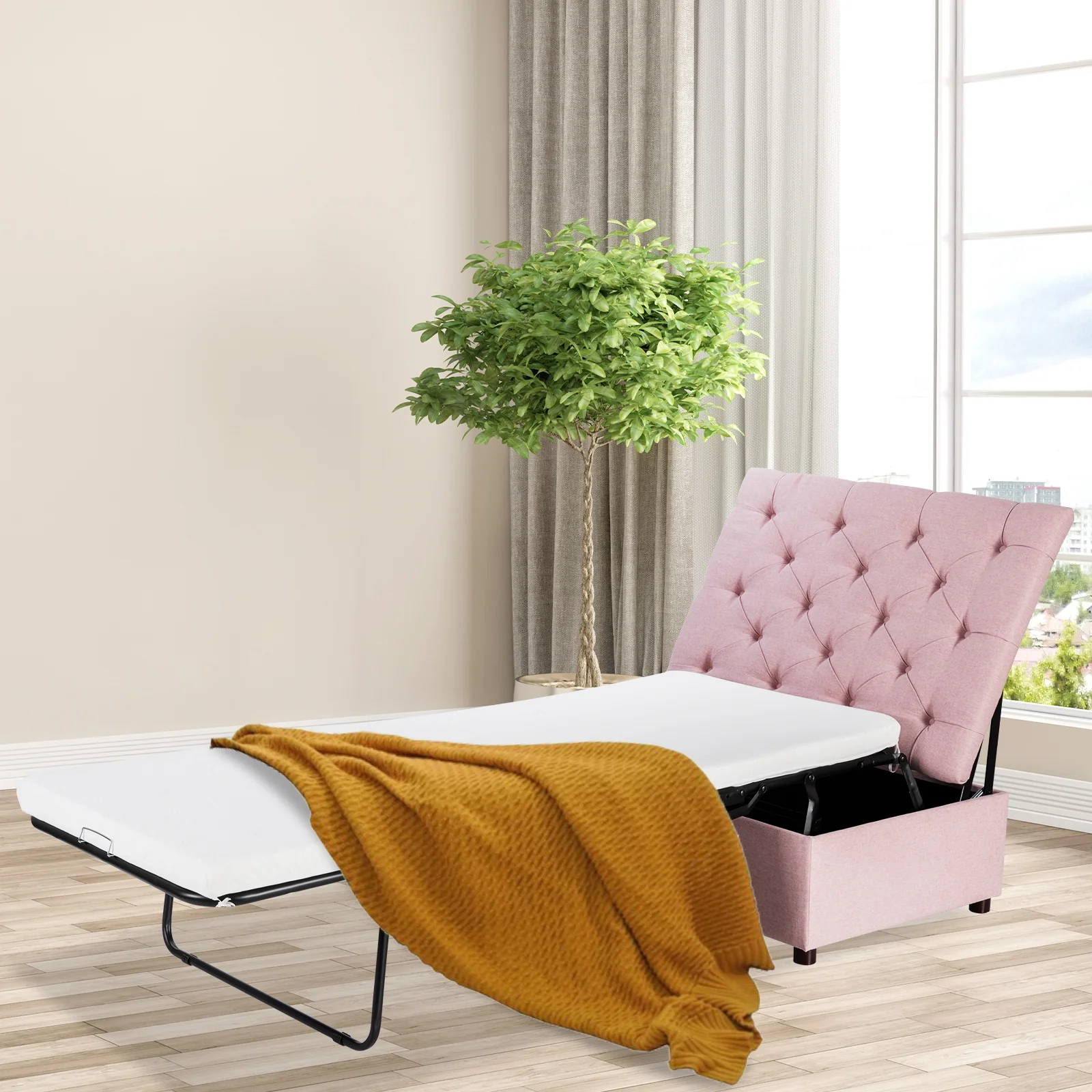 Folding Ottoman Sleeper Bed With Mattress, Pink - Image 2