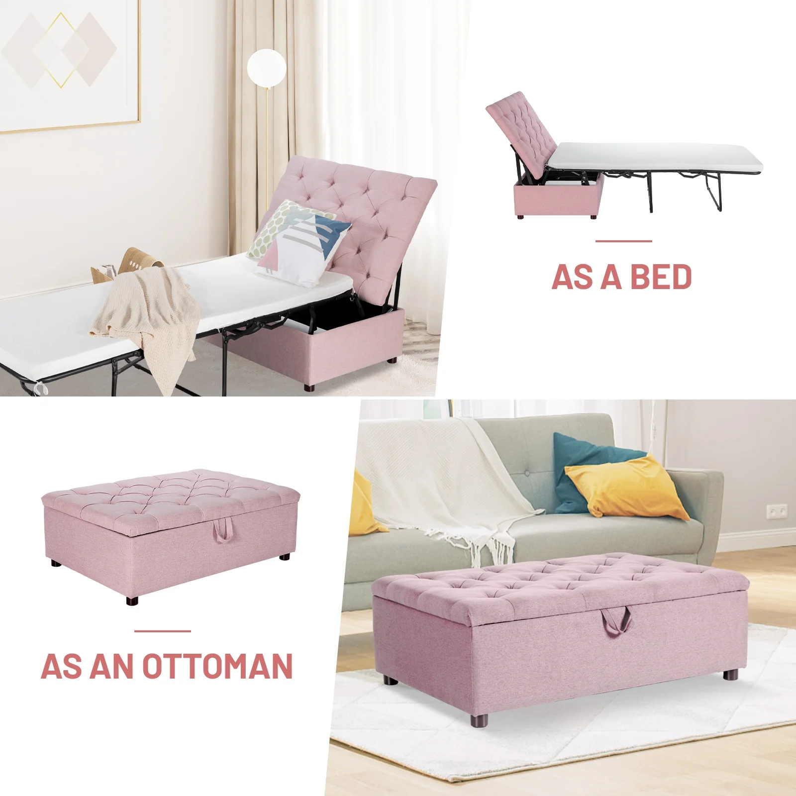 Folding Ottoman Sleeper Bed With Mattress, Pink - Image 6