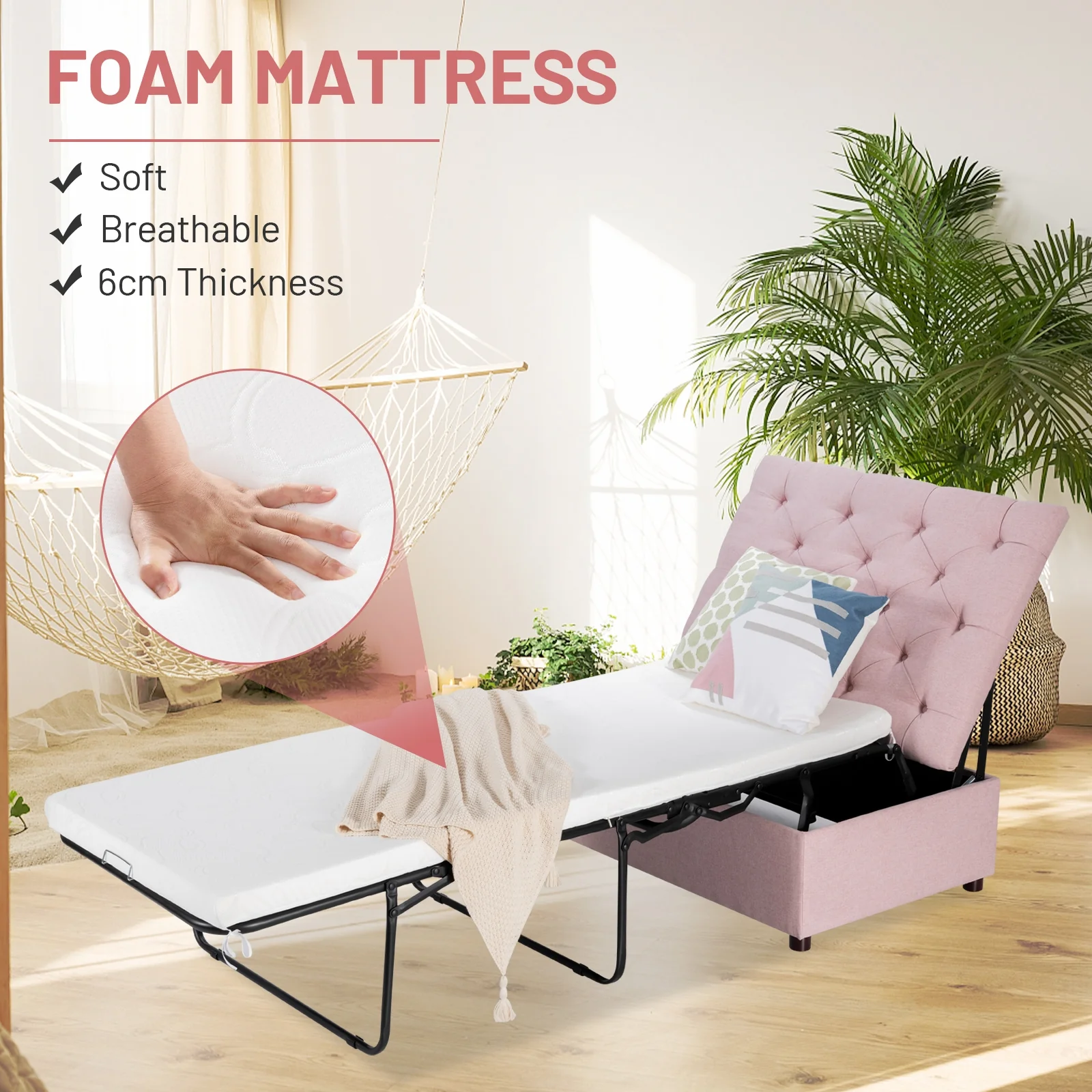 Folding Ottoman Sleeper Bed With Mattress, Pink - Image 8
