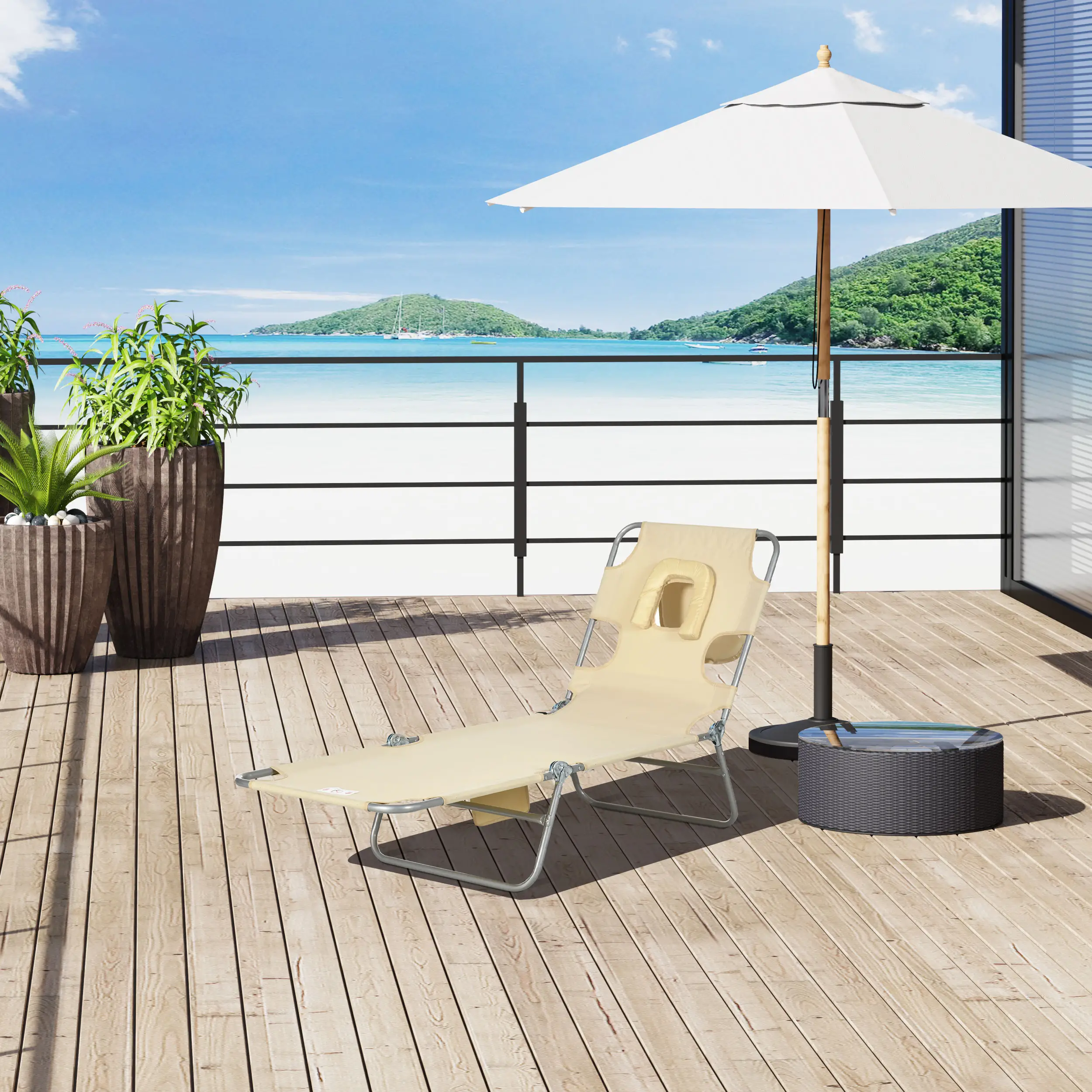 Folding Outdoor Lounge Chair, 5-Level Tanning Chair, Beige - Image 2