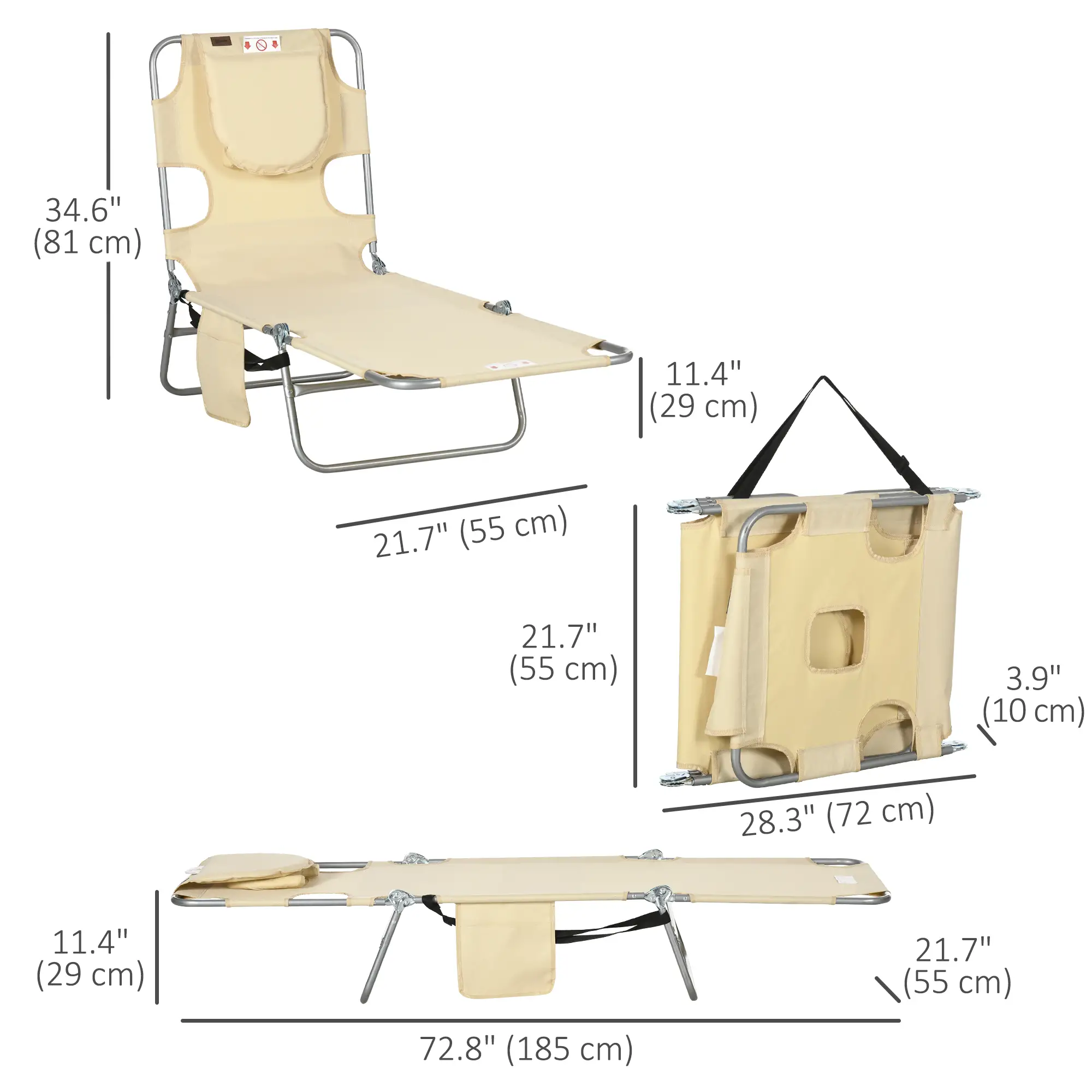 Folding Outdoor Lounge Chair, 5-Level Tanning Chair, Beige - Image 3
