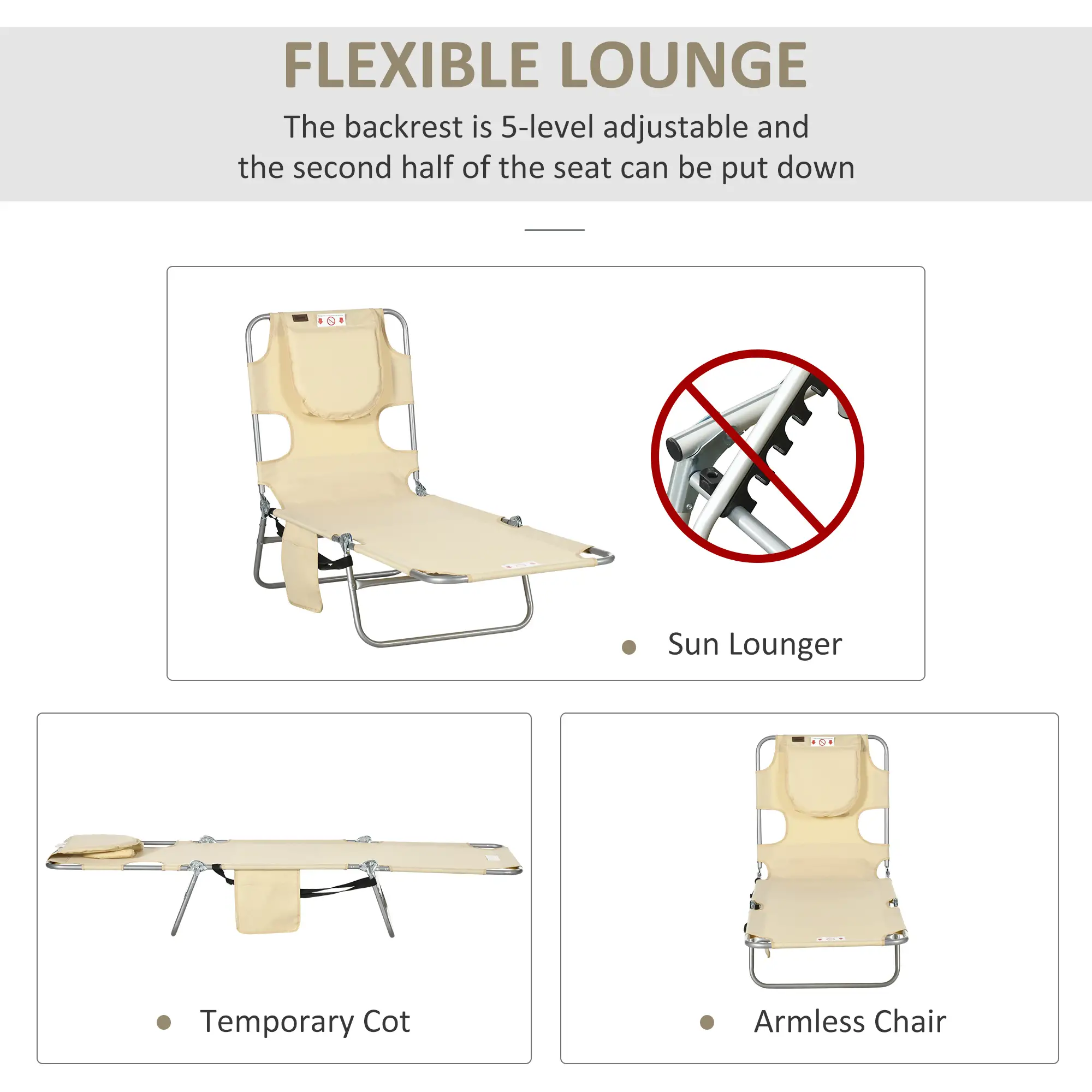 Folding Outdoor Lounge Chair, 5-Level Tanning Chair, Beige - Image 4