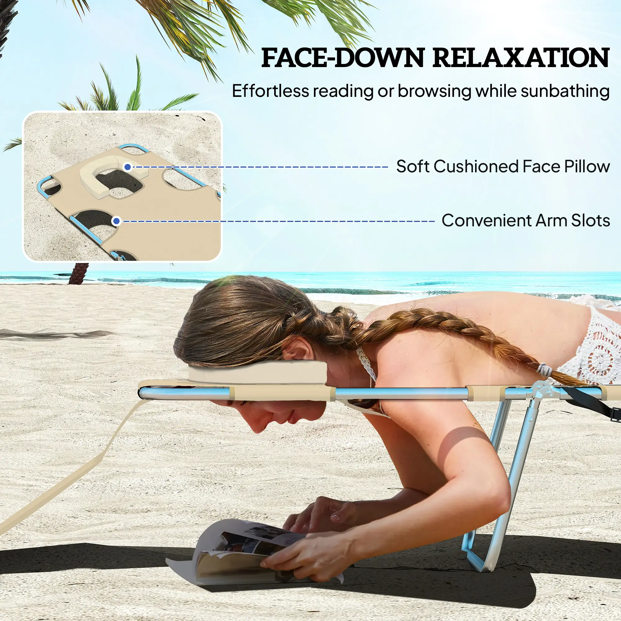 Folding Outdoor Lounge Chair, 5-Level Tanning Chair, Beige - Image 5