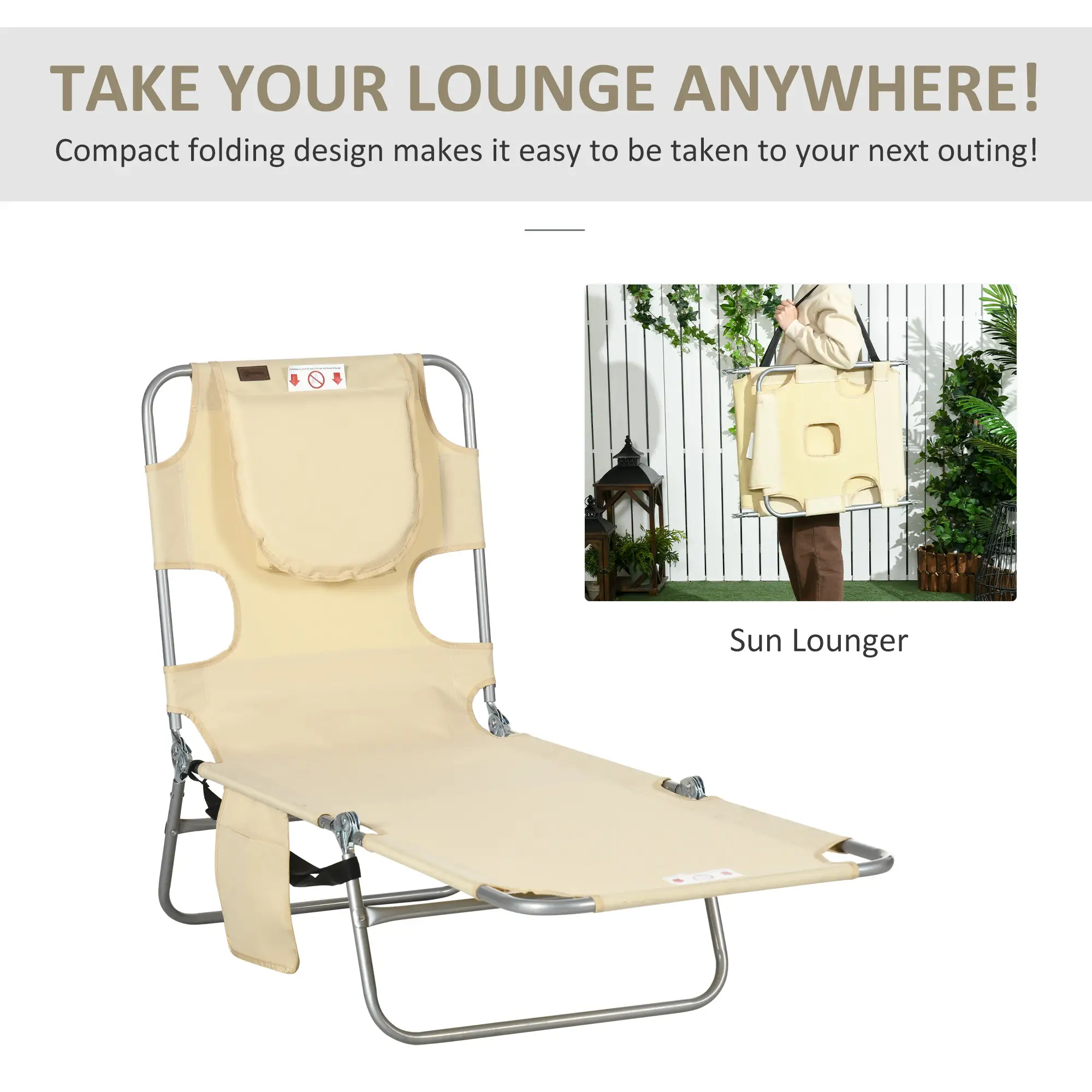 Folding Outdoor Lounge Chair, 5-Level Tanning Chair, Beige - Image 7
