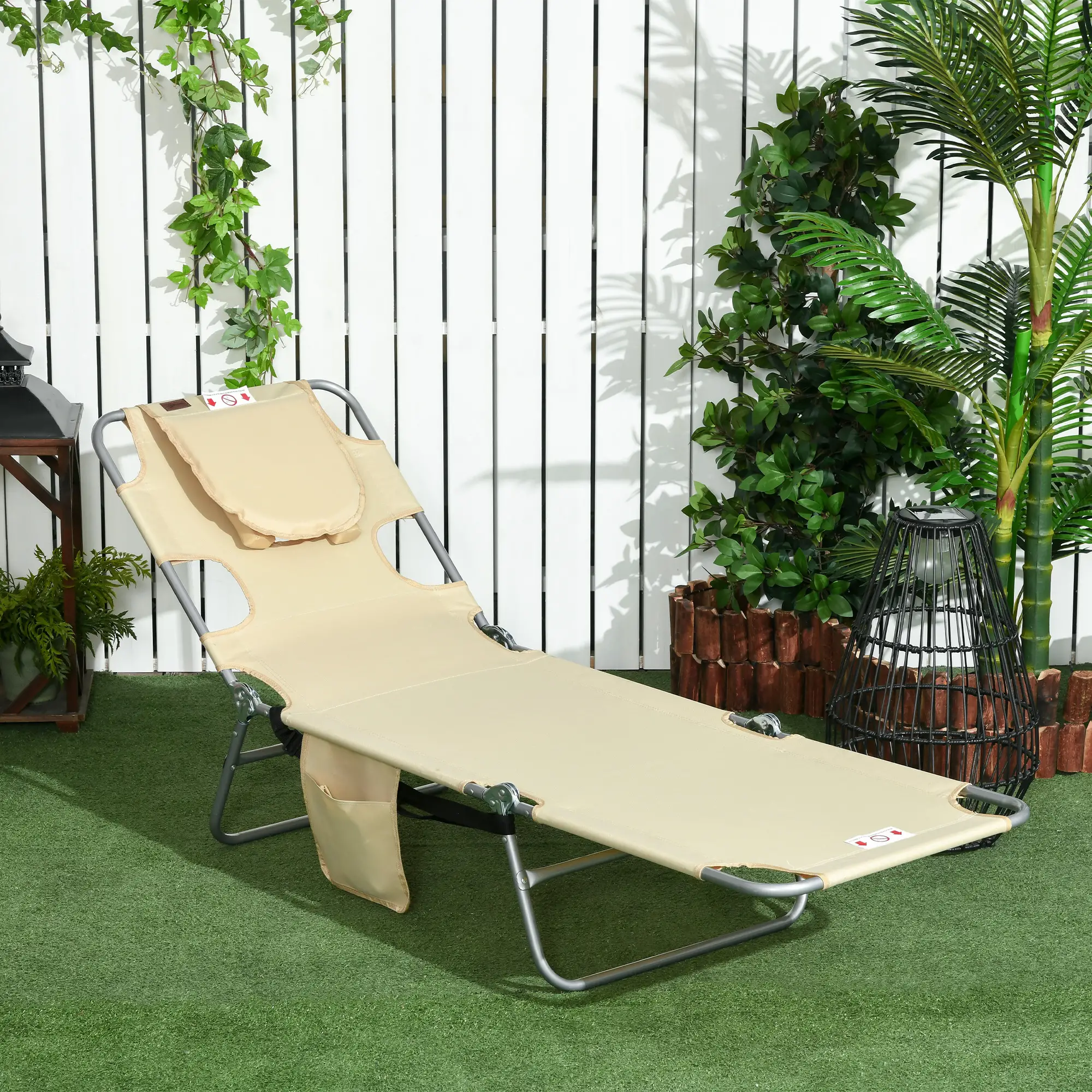 Folding Outdoor Lounge Chair, 5-Level Tanning Chair, Beige - Image 8