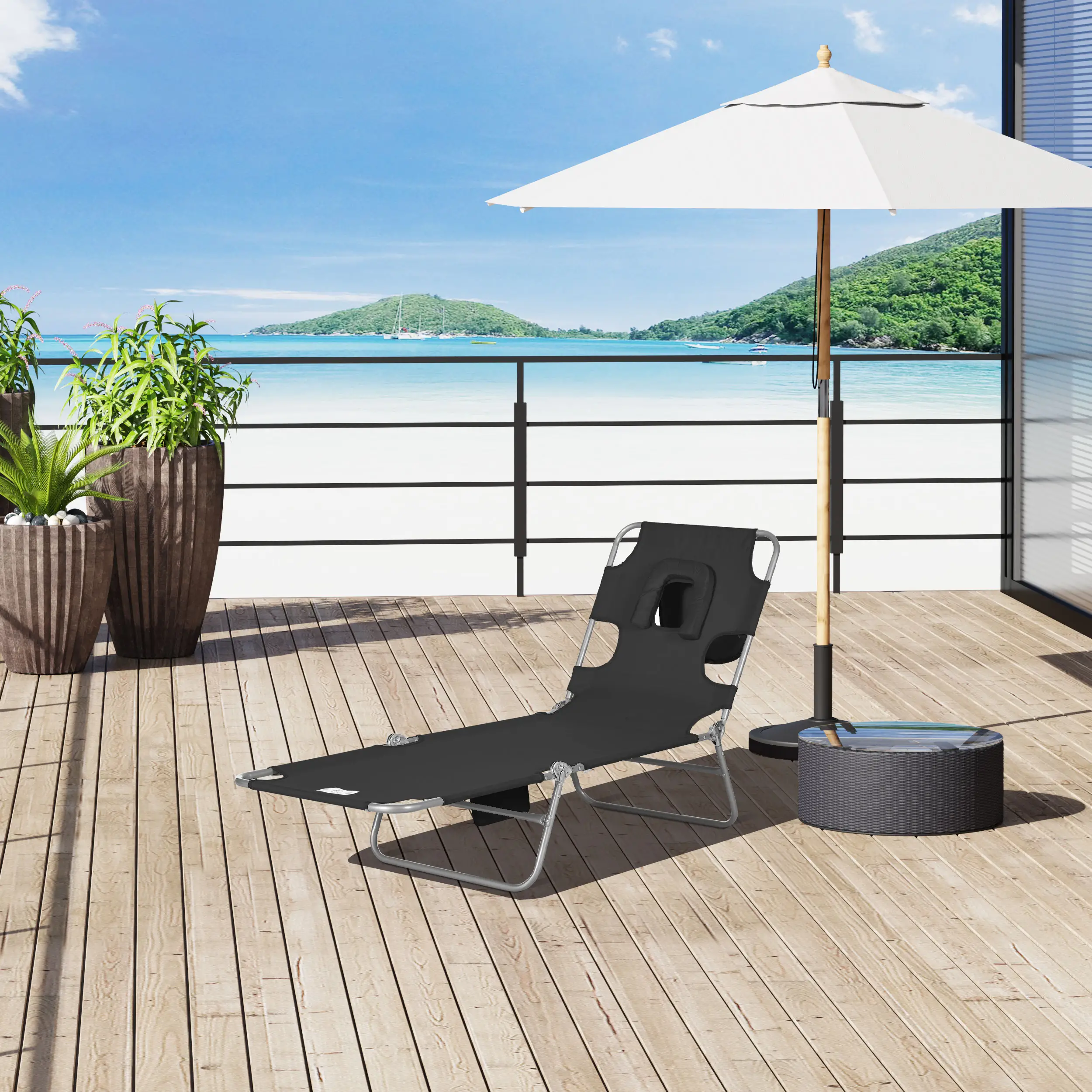 Folding Outdoor Lounge Chair, 5-Level Tanning Chair, Black - Image 2