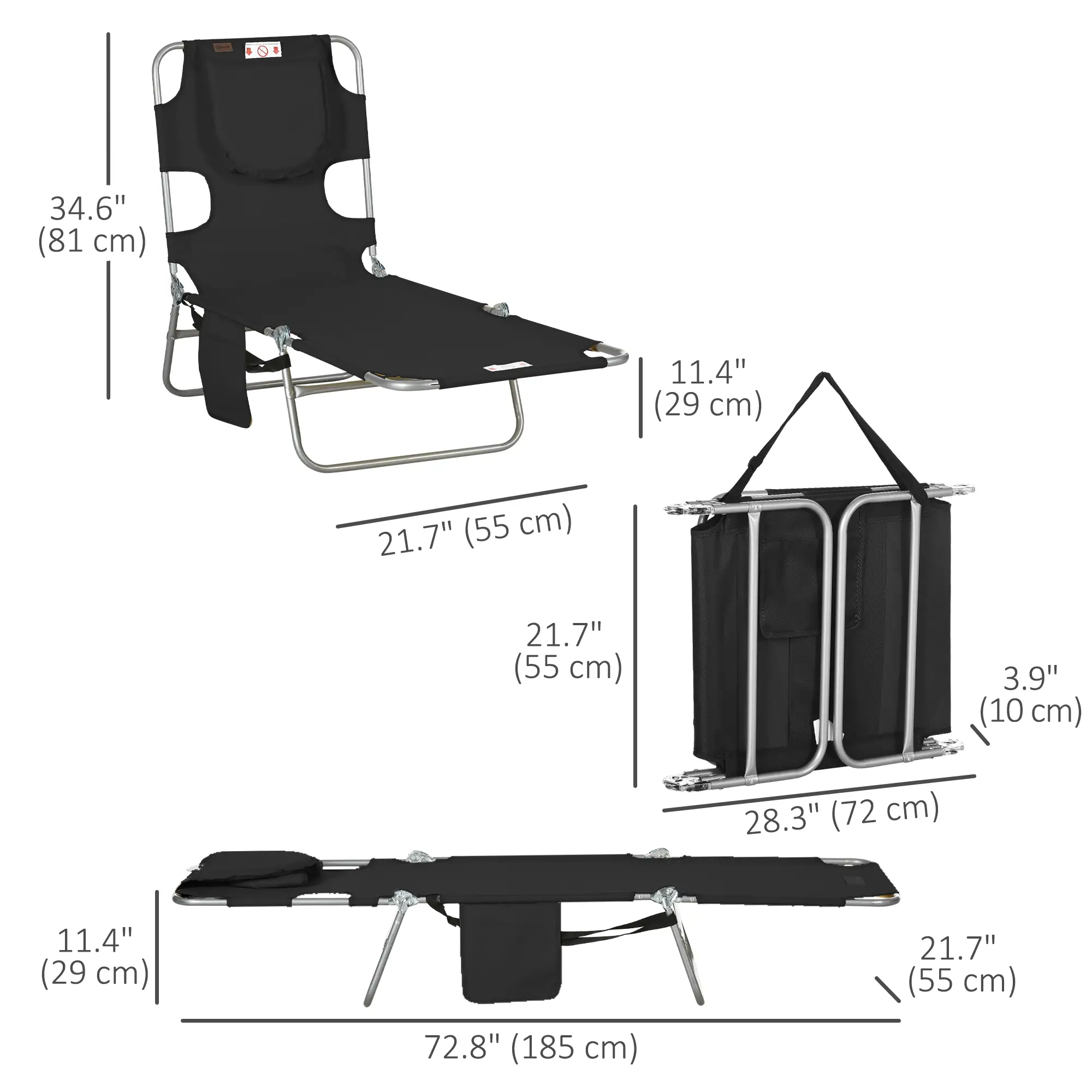 Folding Outdoor Lounge Chair, 5-Level Tanning Chair, Black - Image 3