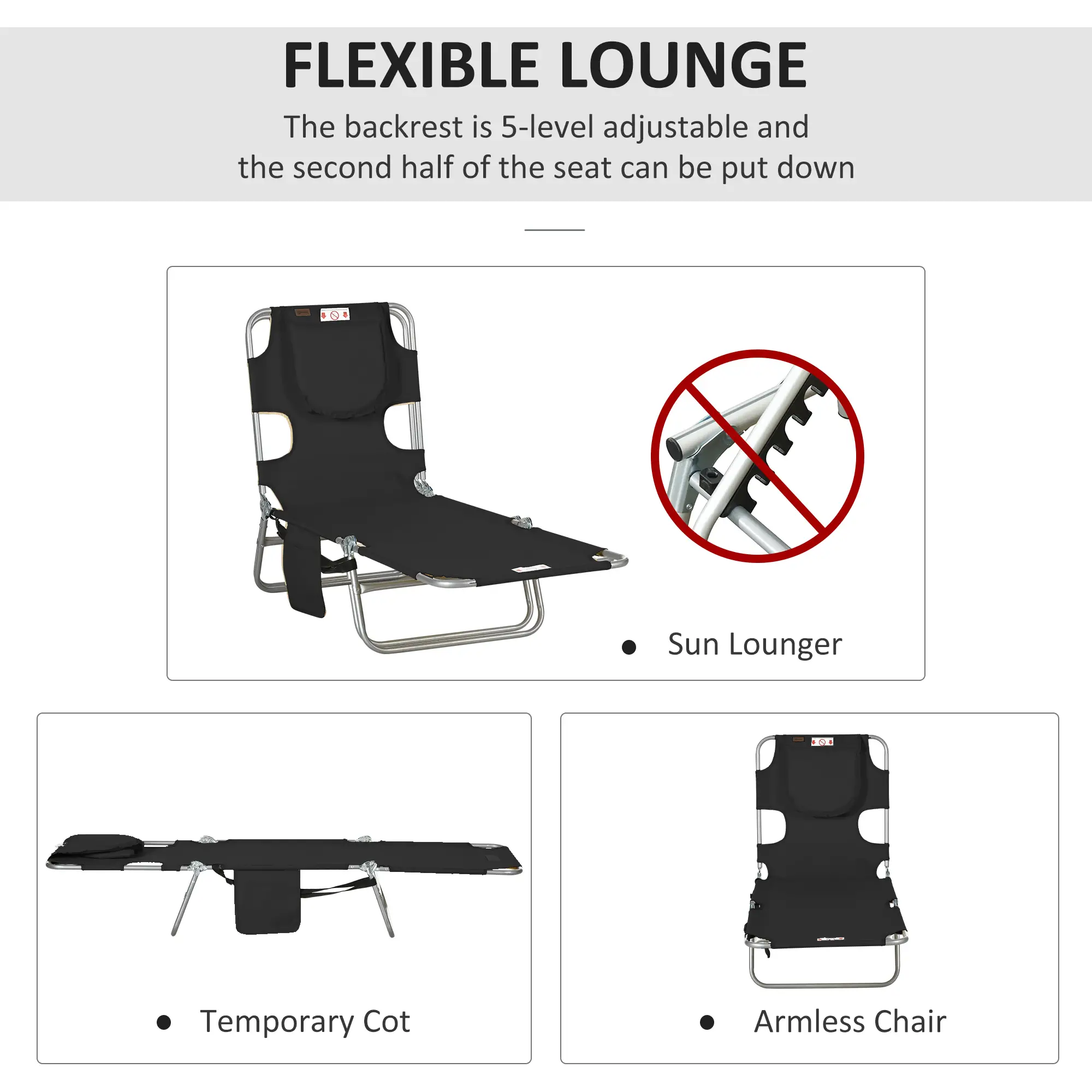 Folding Outdoor Lounge Chair, 5-Level Tanning Chair, Black - Image 4