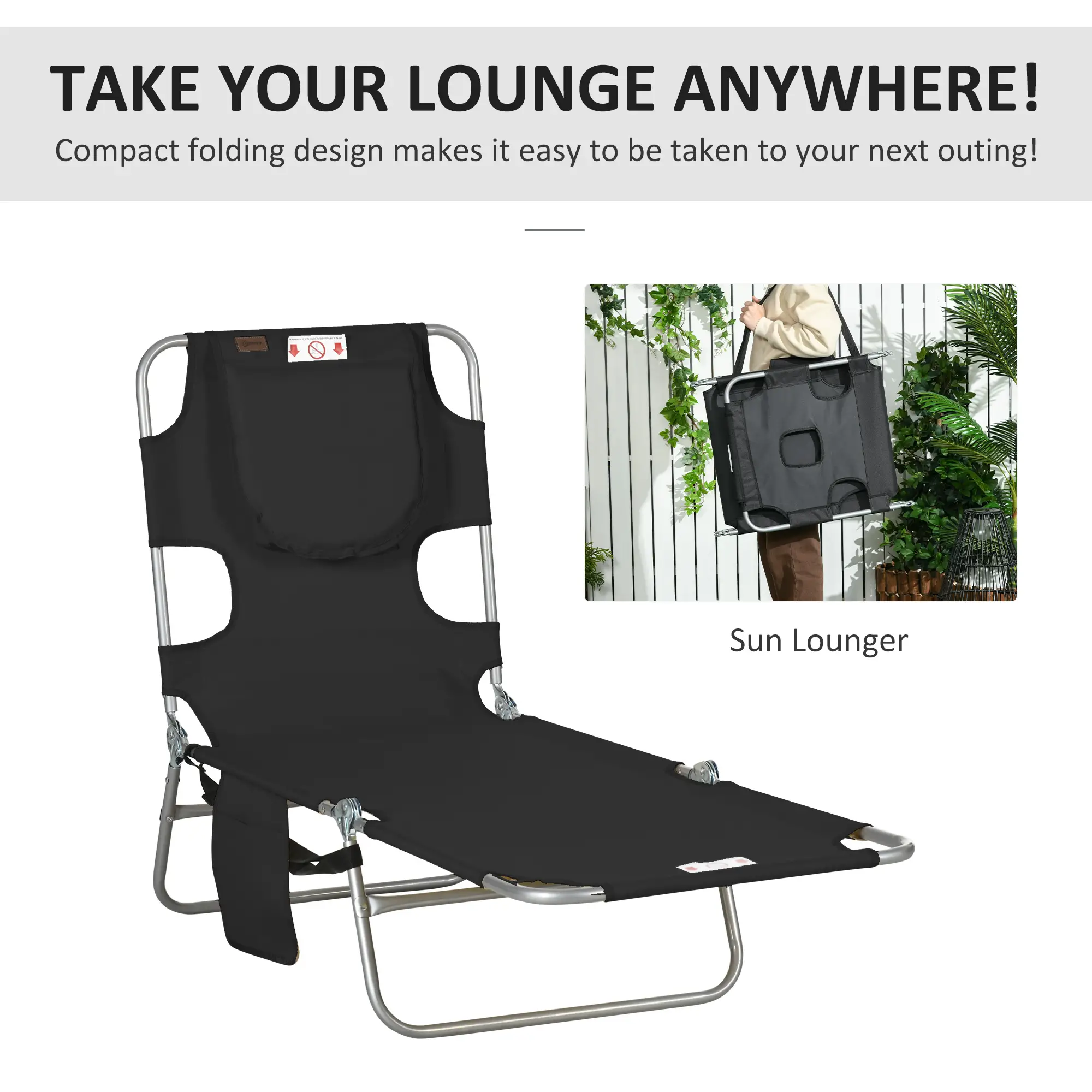 Folding Outdoor Lounge Chair, 5-Level Tanning Chair, Black - Image 7