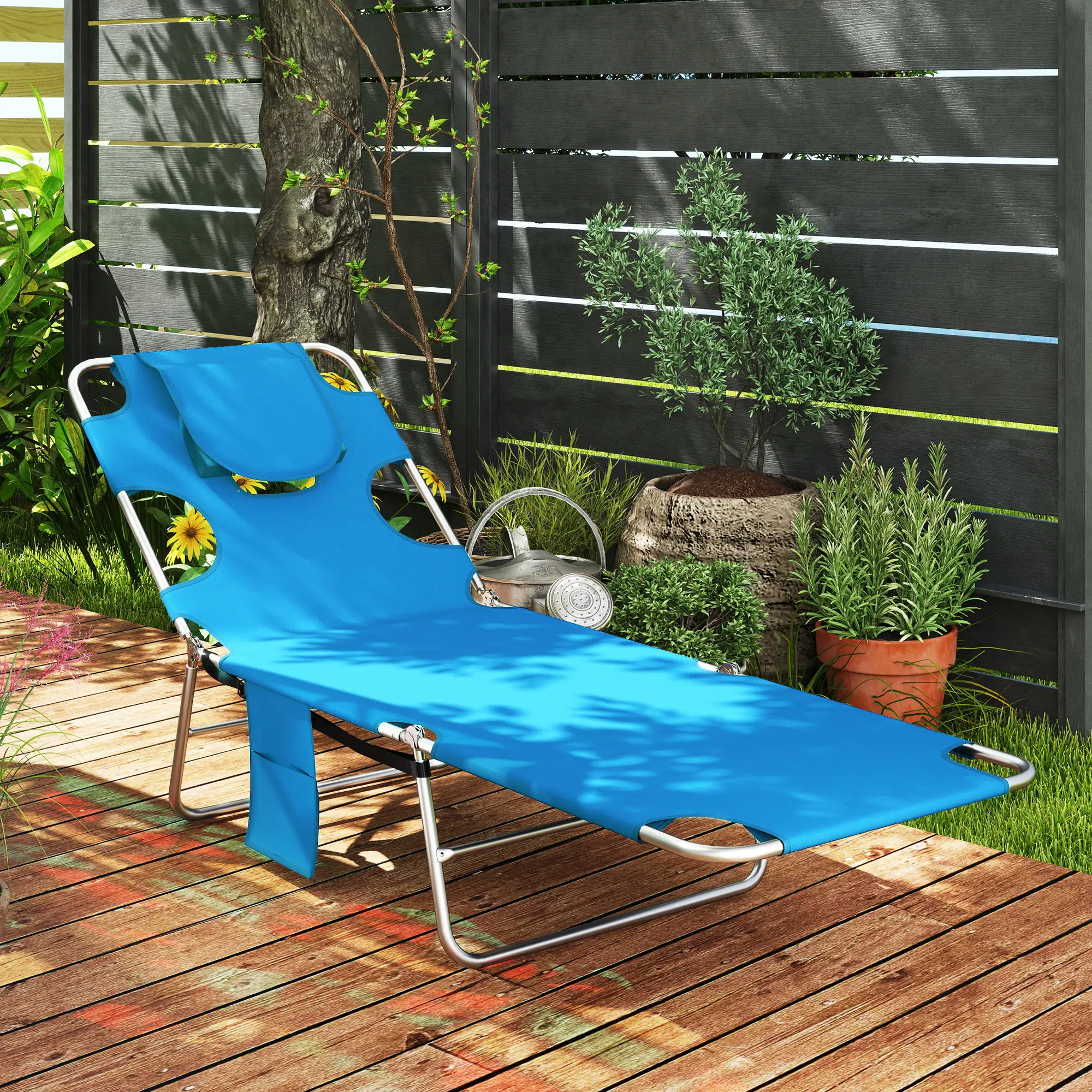 Folding Outdoor Lounge Chair, 5-Level Tanning Chair, Blue - Image 2