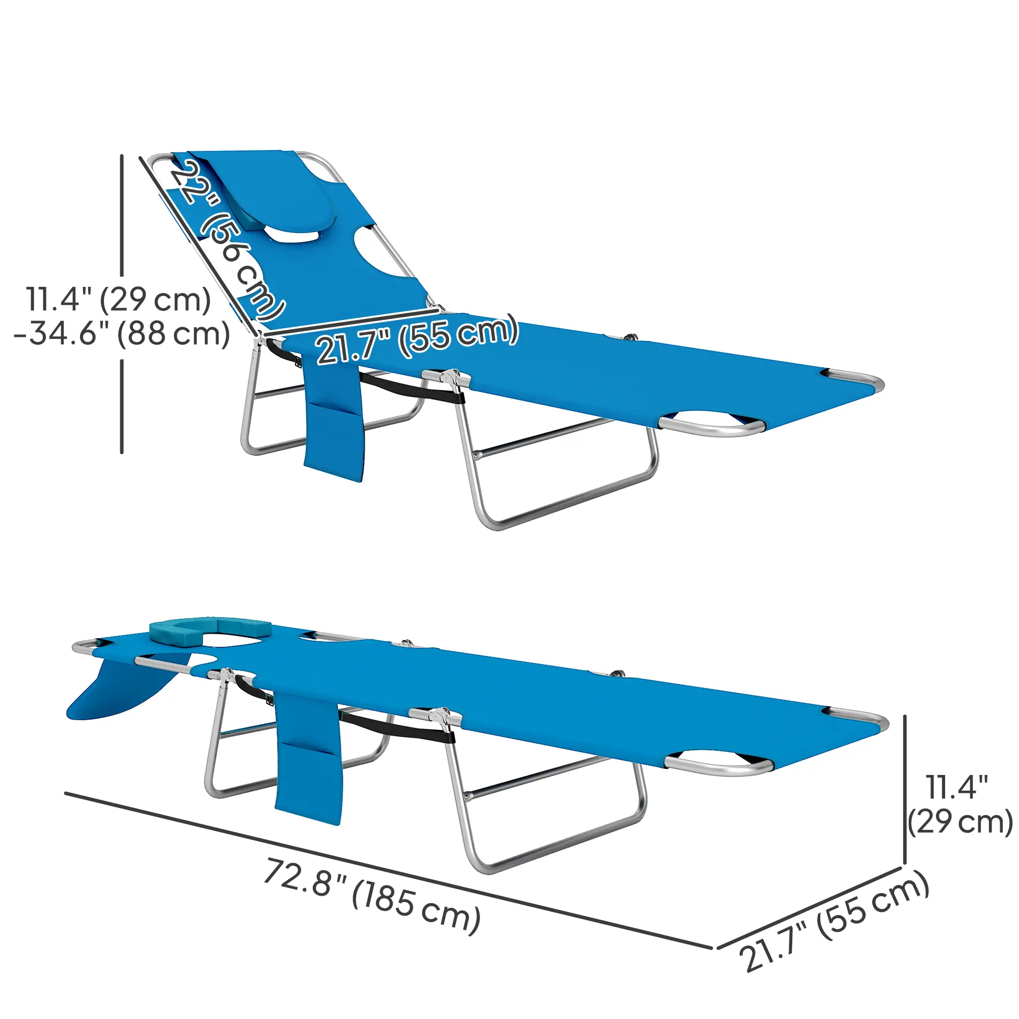 Folding Outdoor Lounge Chair, 5-Level Tanning Chair, Blue - Image 3