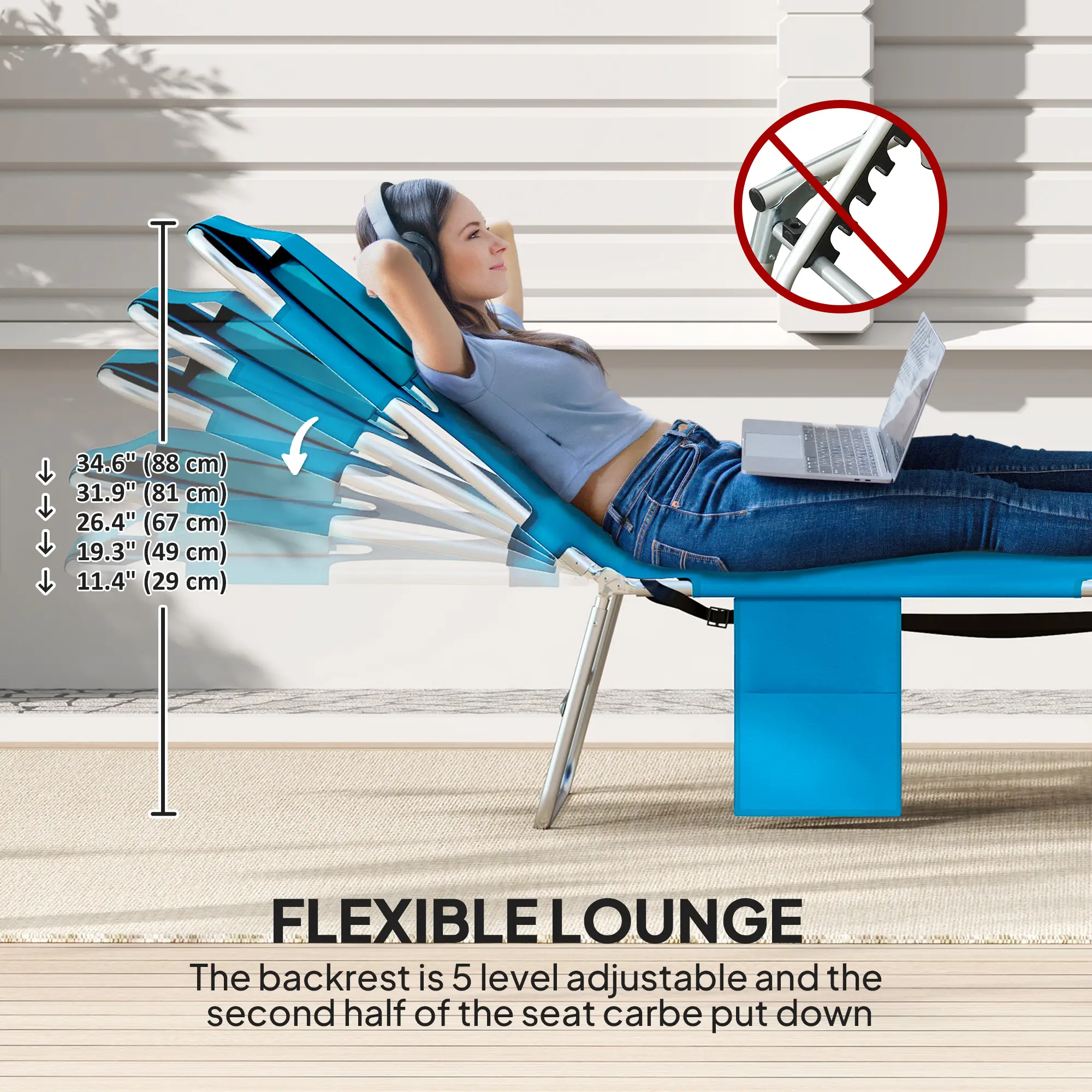 Folding Outdoor Lounge Chair, 5-Level Tanning Chair, Blue - Image 4