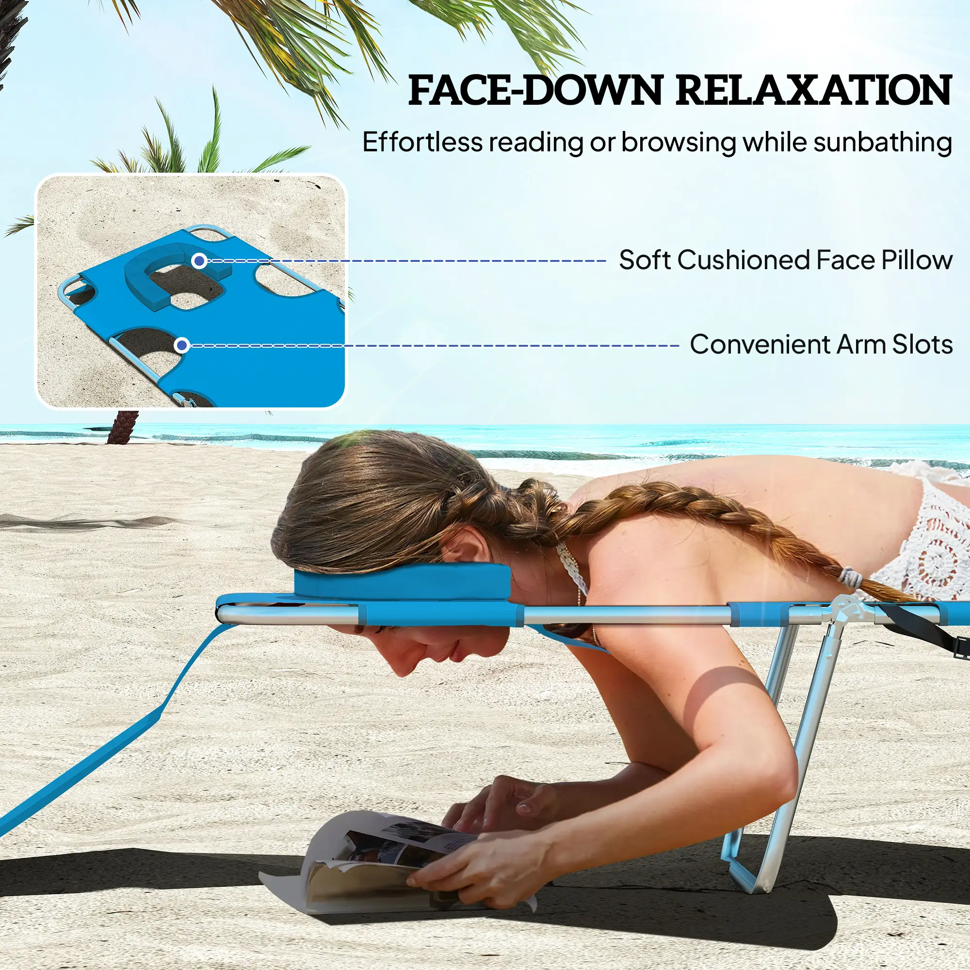 Folding Outdoor Lounge Chair, 5-Level Tanning Chair, Blue - Image 5