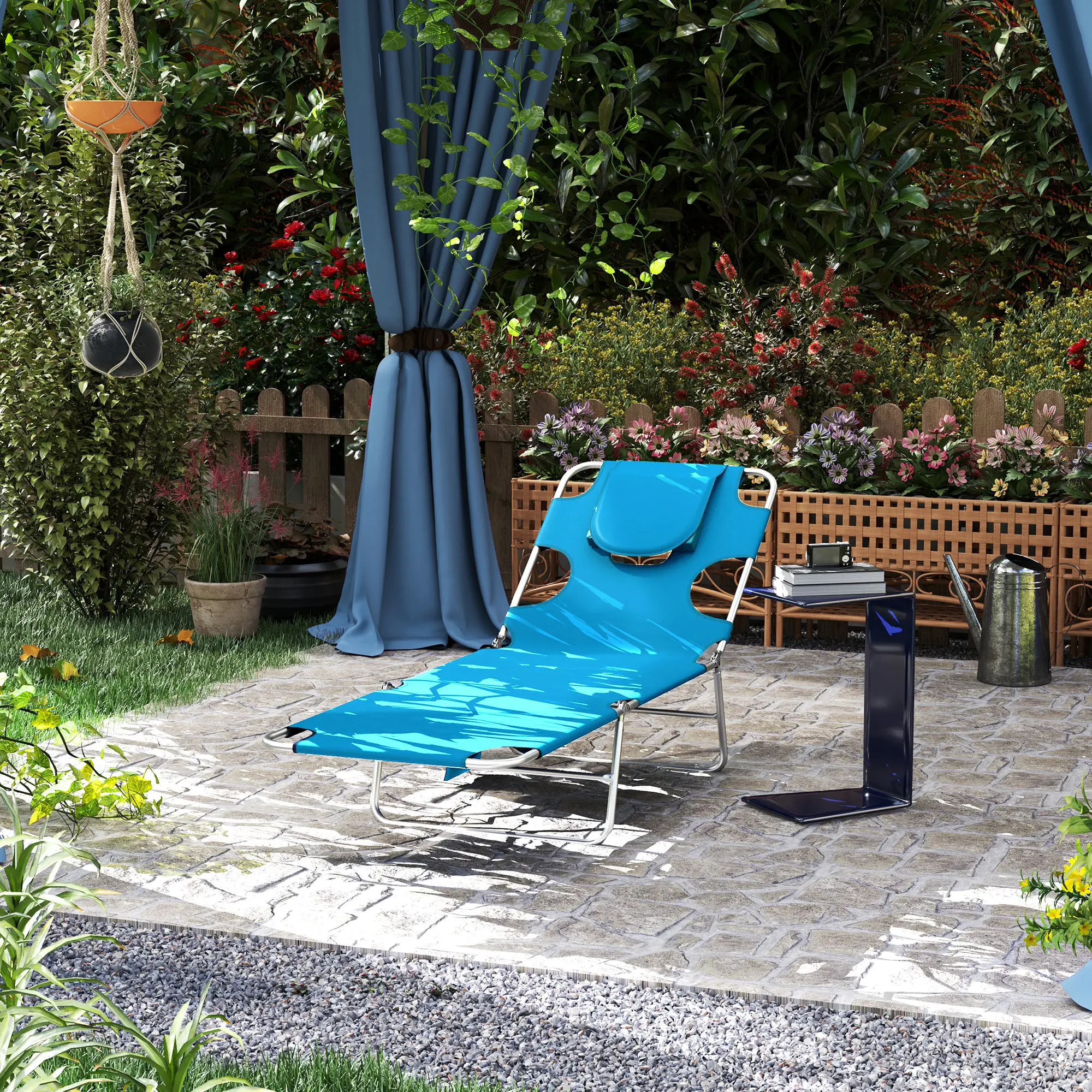 Folding Outdoor Lounge Chair, 5-Level Tanning Chair, Blue - Image 8