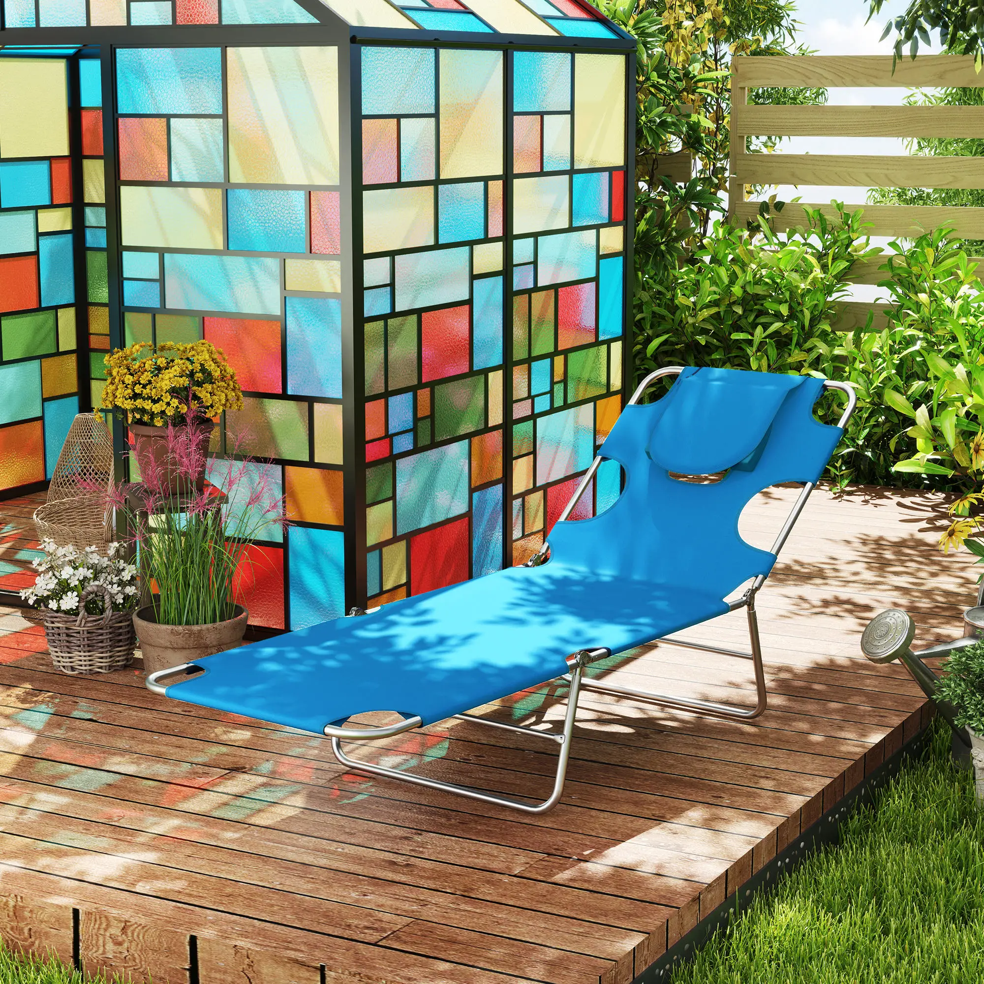 Folding Outdoor Lounge Chair, 5-Level Tanning Chair, Blue - Image 9