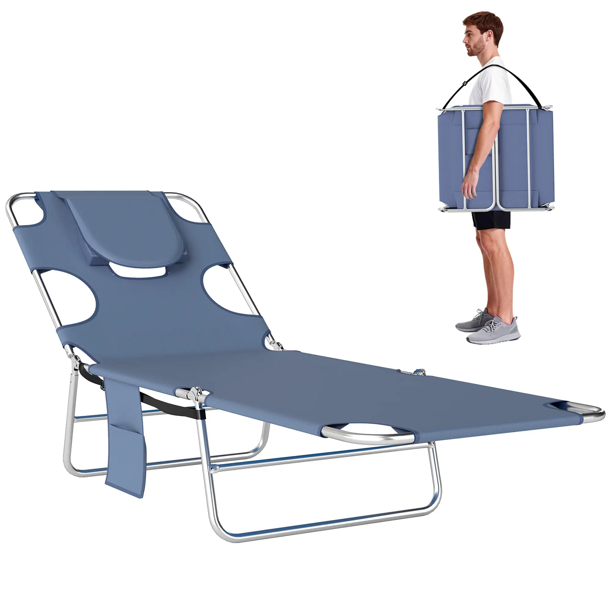 Folding Outdoor Lounge Chair, 5-Level Tanning Chair, Grey - Image 11