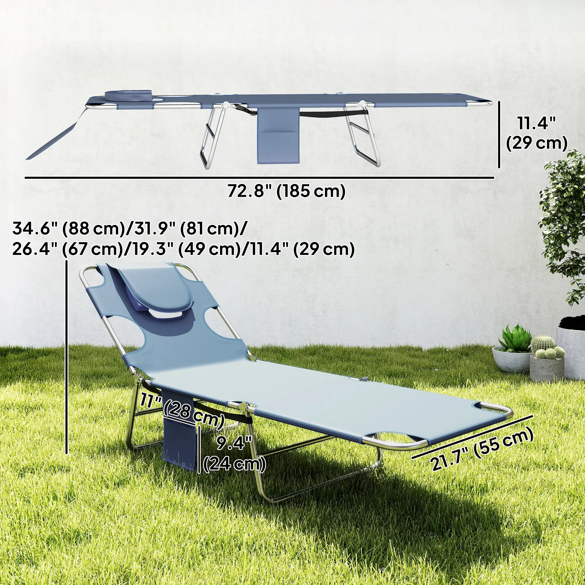 Folding Outdoor Lounge Chair, 5-Level Tanning Chair, Grey - Image 3