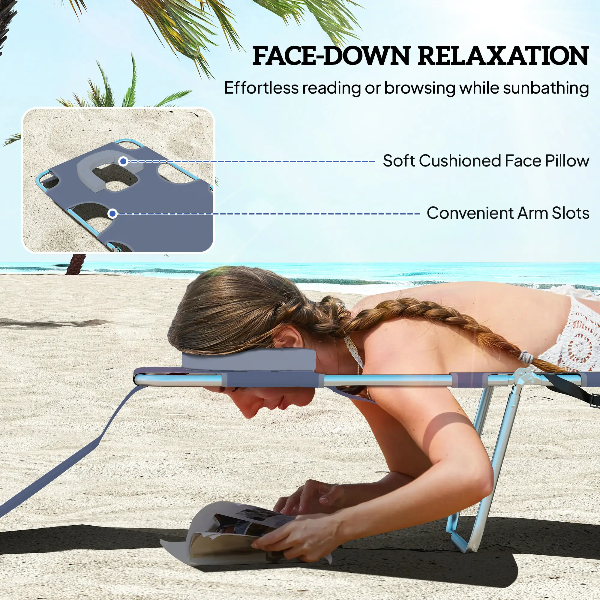 Folding Outdoor Lounge Chair, 5-Level Tanning Chair, Grey - Image 5