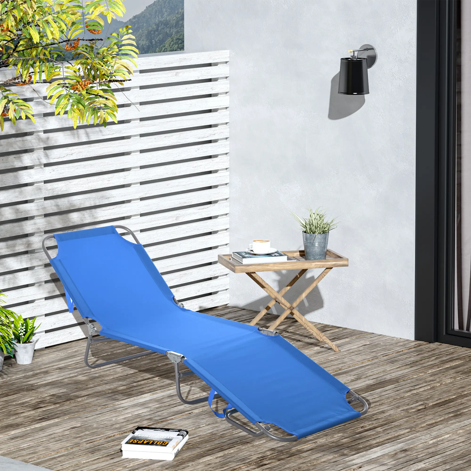 Folding Outdoor Lounge Chair, Portable Reclining Beach Lounger, Blue - Image 2