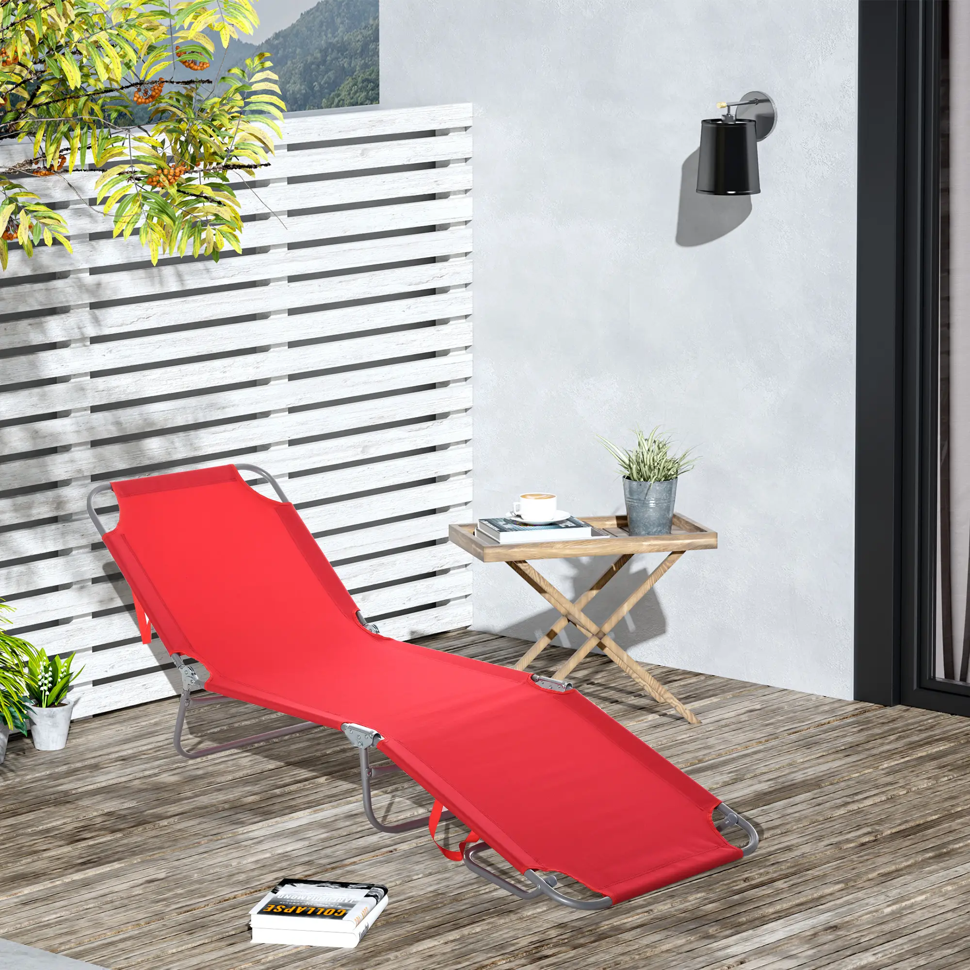 Folding Outdoor Lounge Chair, Portable Reclining Beach Lounger, Breathable Mesh, Red - Image 2