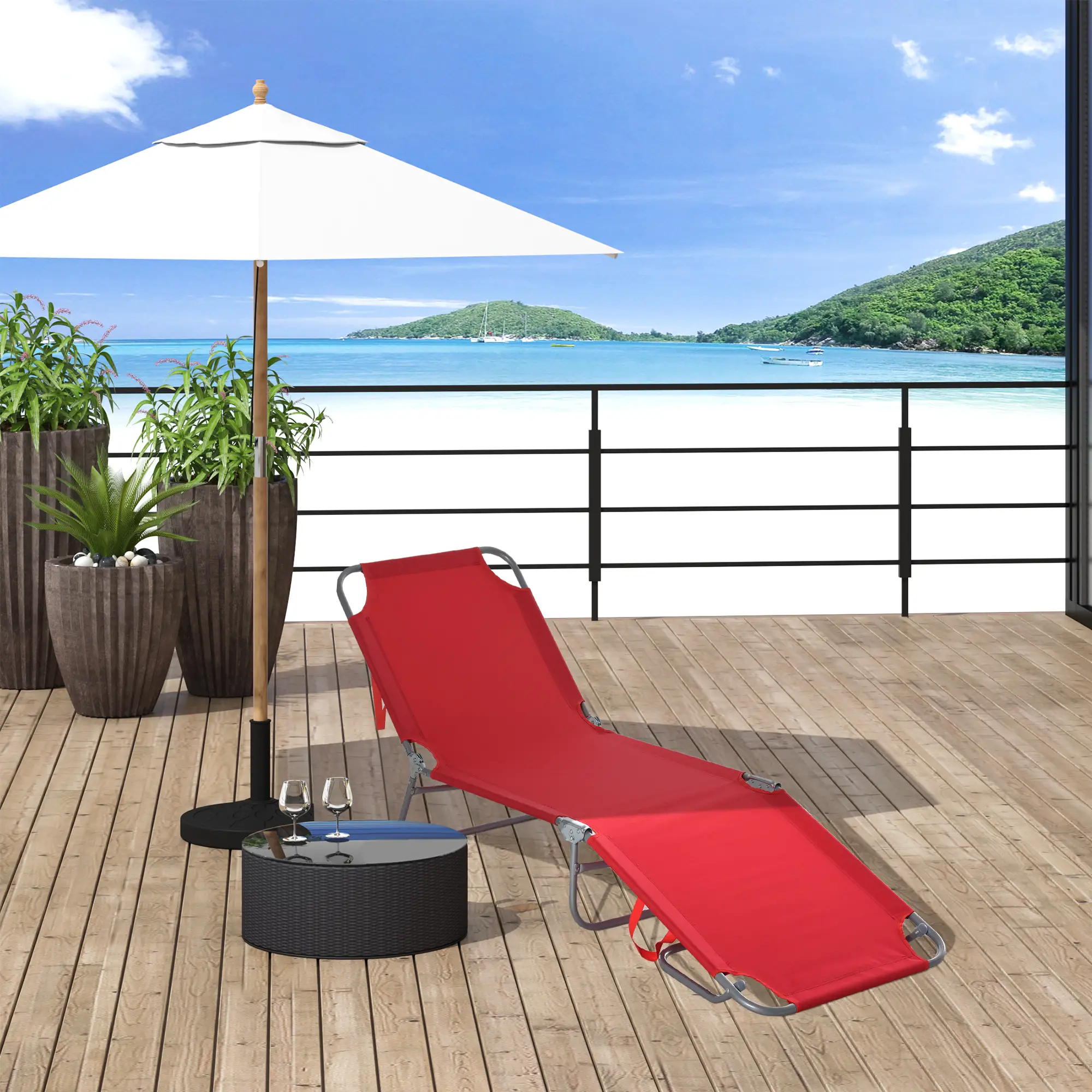 Folding Outdoor Lounge Chair, Portable Reclining Beach Lounger, Breathable Mesh, Red - Image 8
