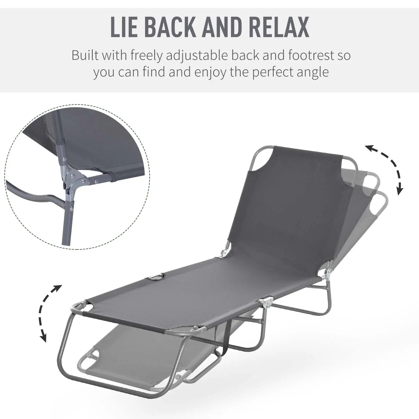Folding Outdoor Lounge Chair, Reclining Beach Lounger, Breathable Mesh, Grey - Image 4