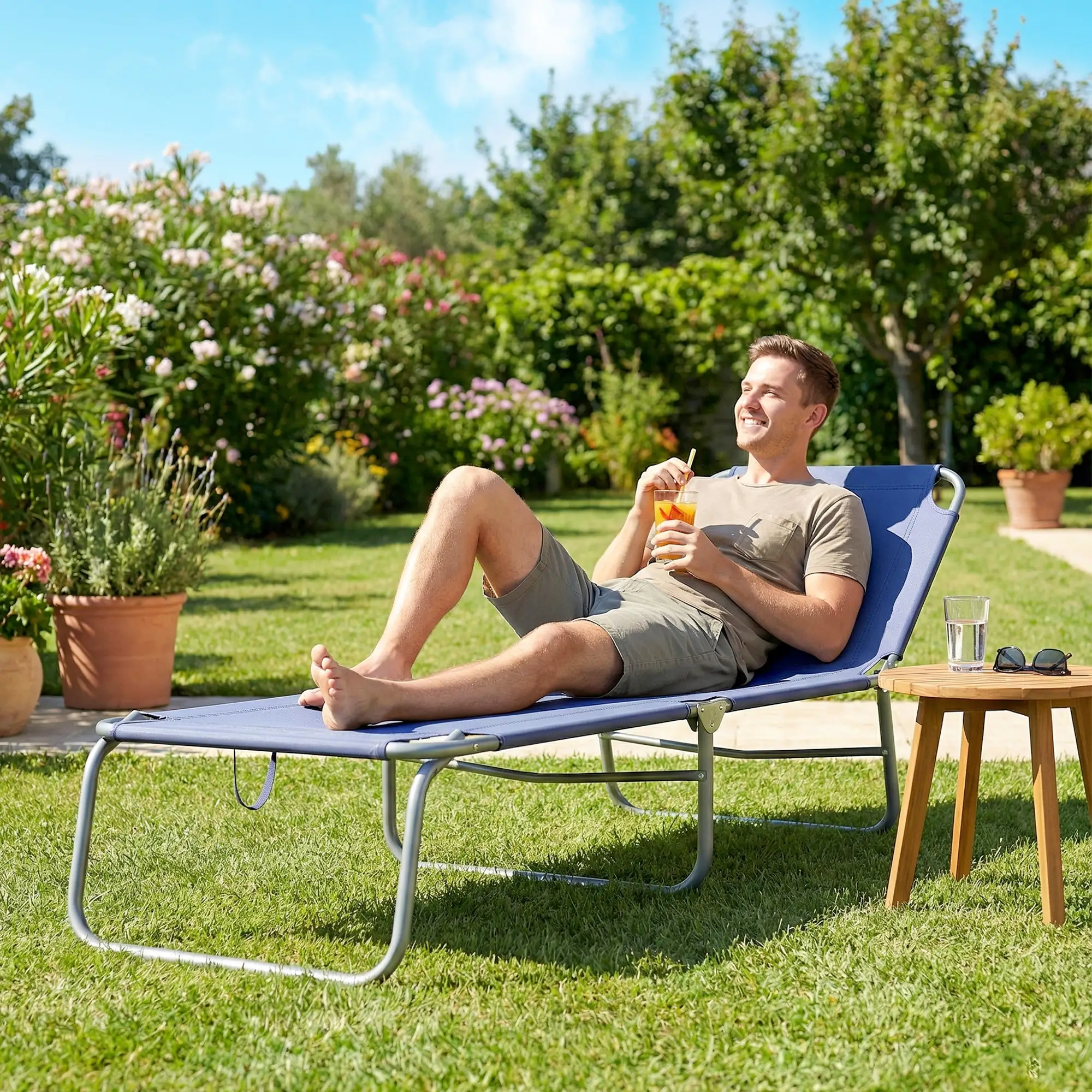 Folding Outdoor Lounge Chair, Reclining Tanning Chair, Navy Blue - Image 2
