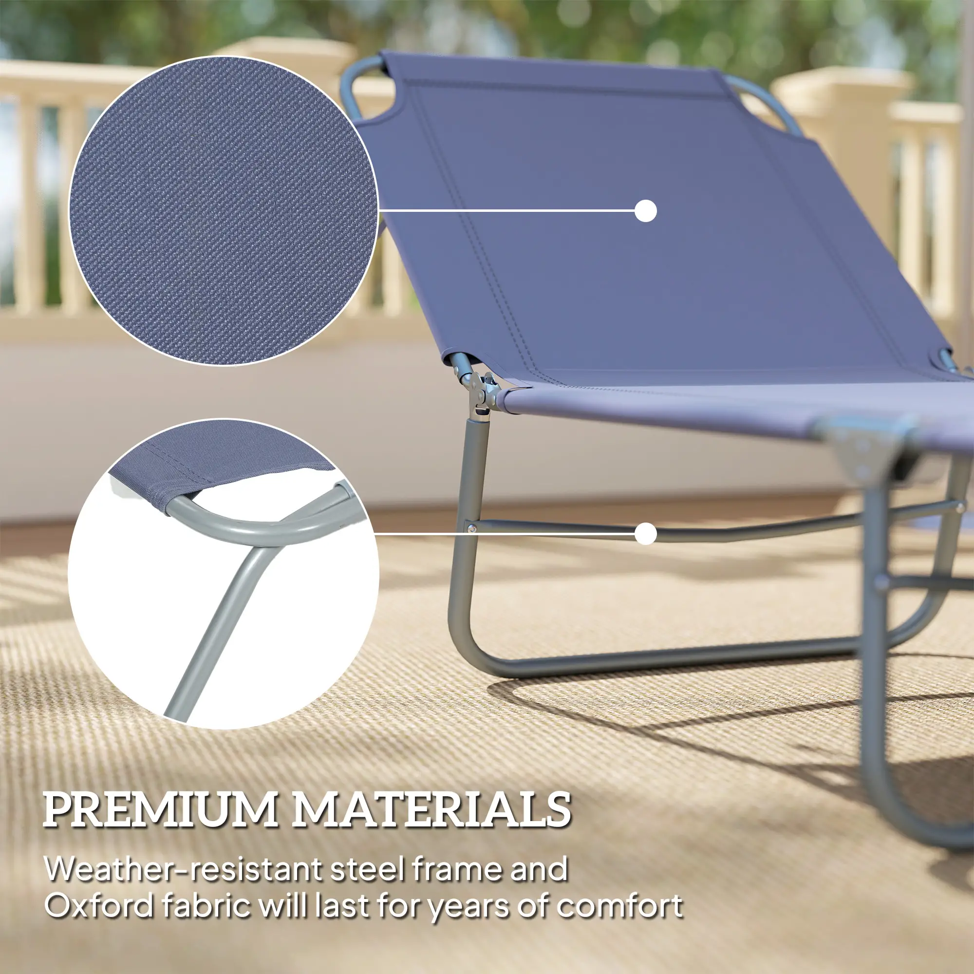 Folding Outdoor Lounge Chair, Reclining Tanning Chair, Navy Blue - Image 6