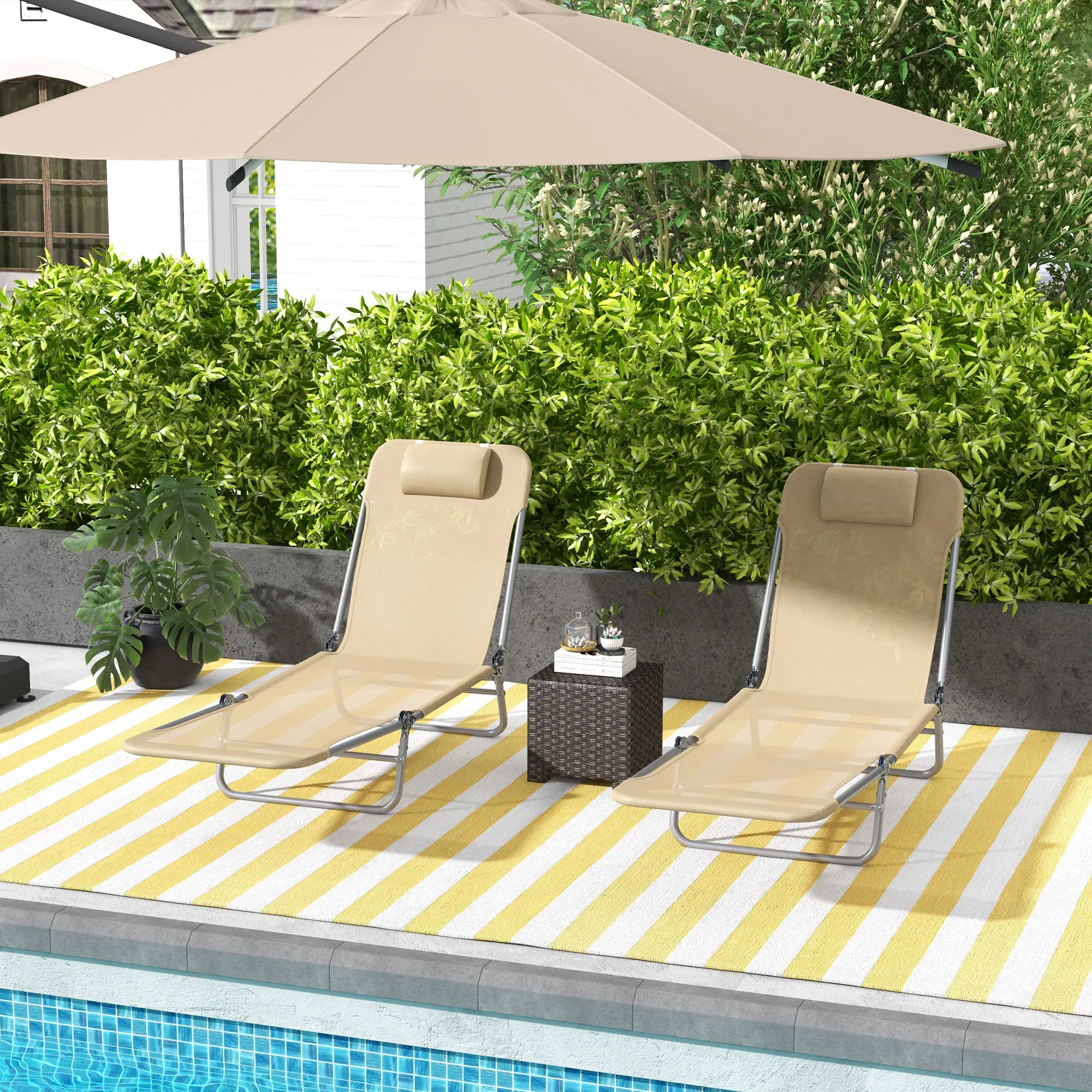 Folding Outdoor Lounge Chair Set, 2 Reclining Tanning Chairs, 5-Position Adjustable Backrest, Brown - Image 2