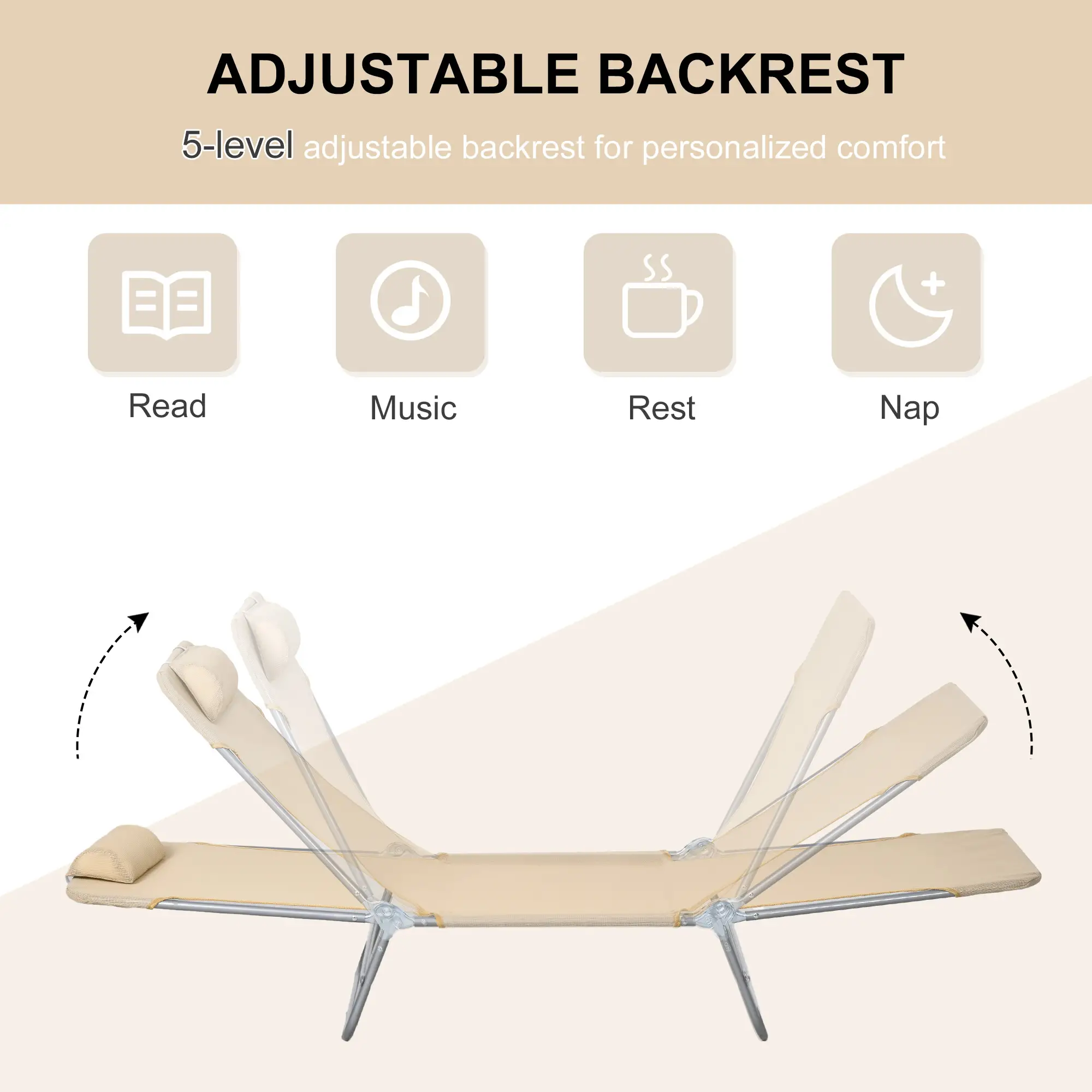 Folding Outdoor Lounge Chair Set, 2 Reclining Tanning Chairs, 5-Position Adjustable Backrest, Brown - Image 4