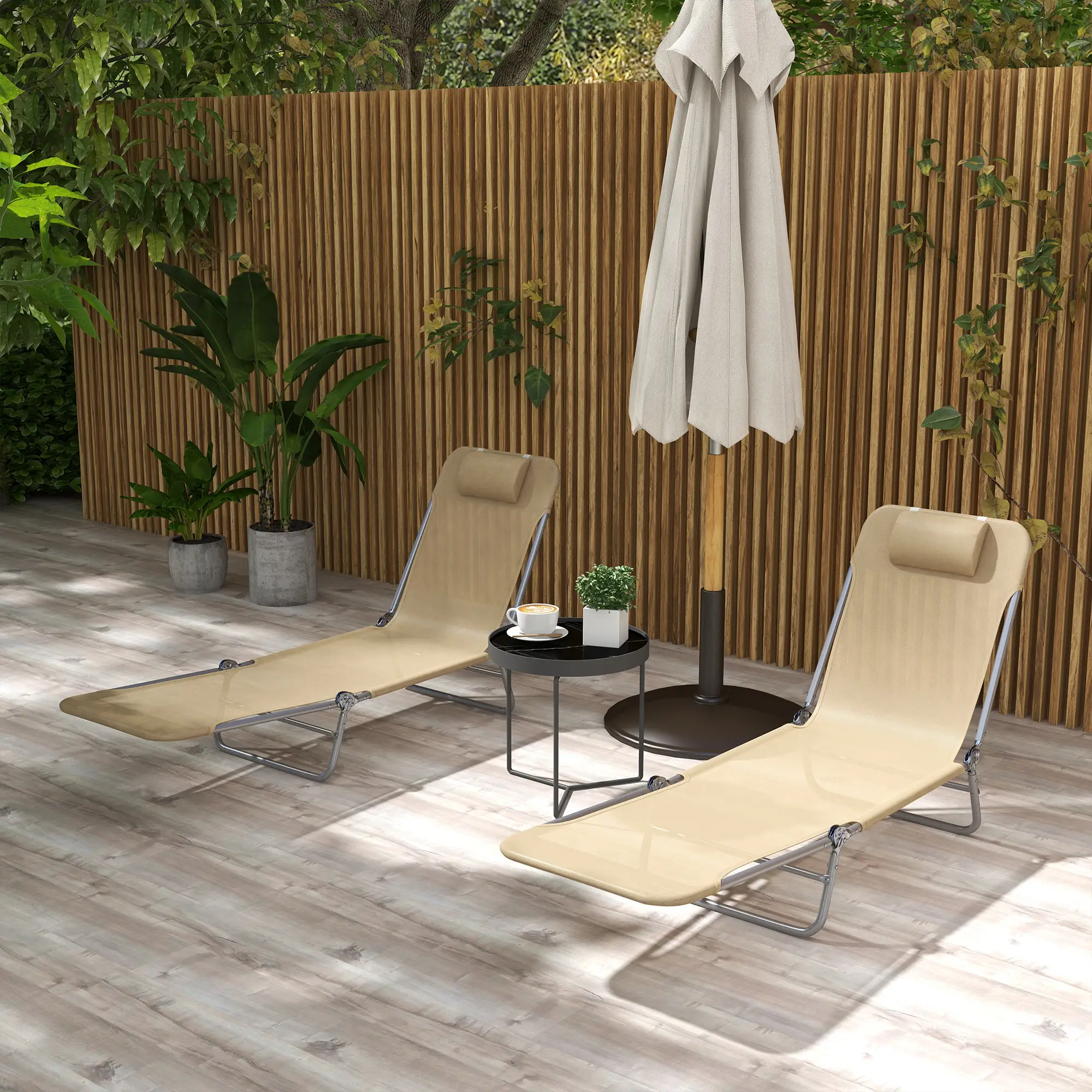 Folding Outdoor Lounge Chair Set, 2 Reclining Tanning Chairs, 5-Position Adjustable Backrest, Brown - Image 8