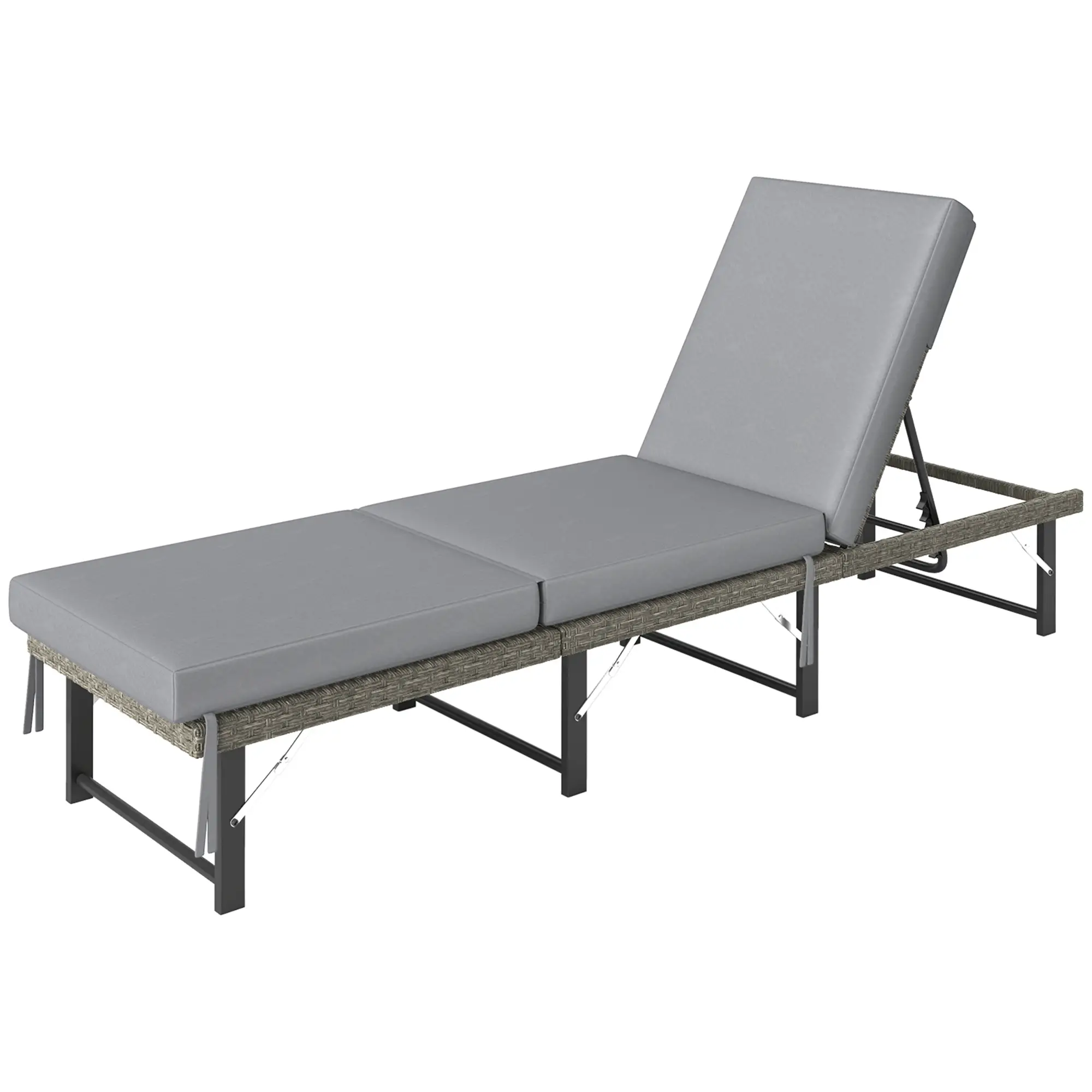 Folding Outdoor Lounge Chair, Wicker Chaise With Cushion, Grey