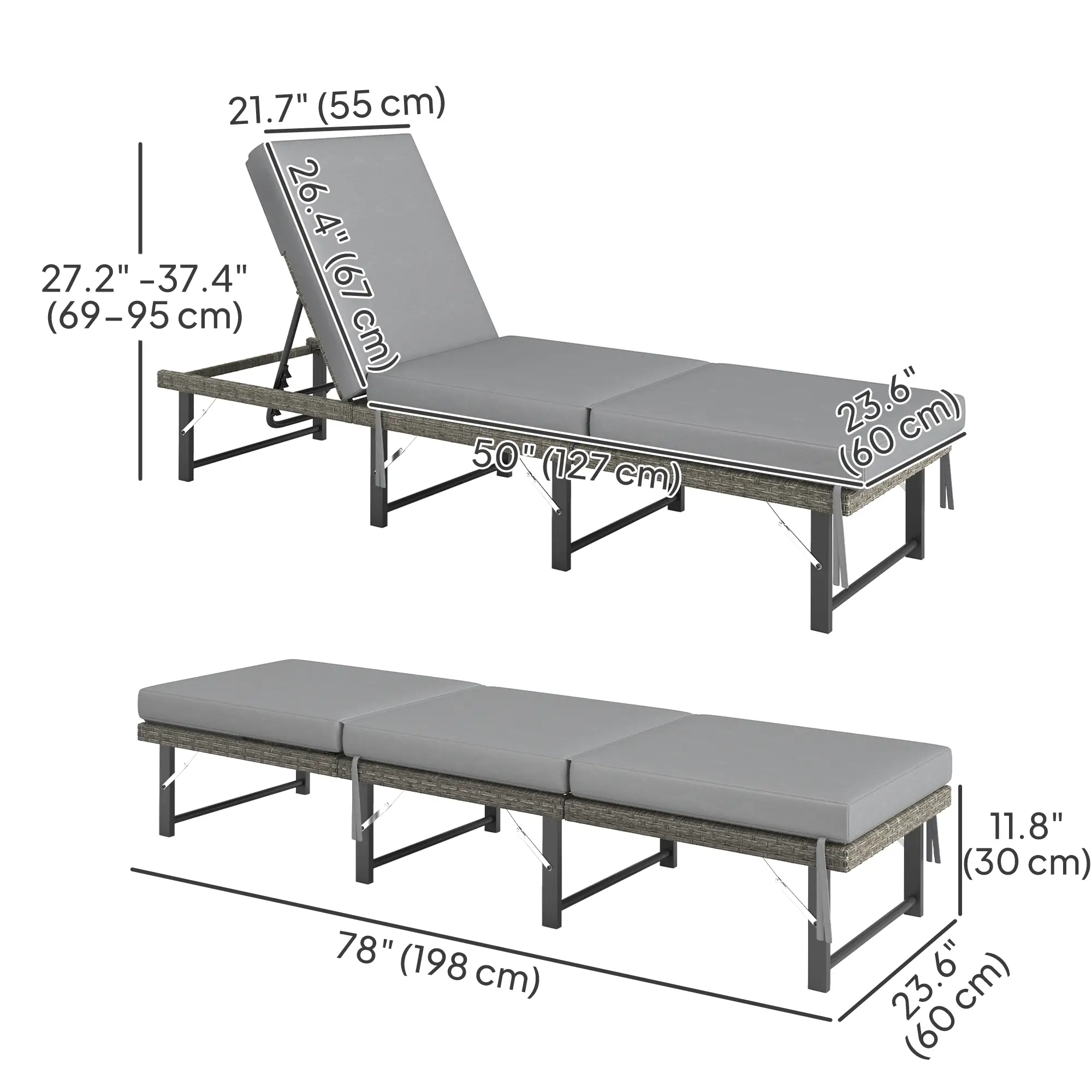 Folding Outdoor Lounge Chair, Wicker Chaise With Cushion, Grey - Image 3