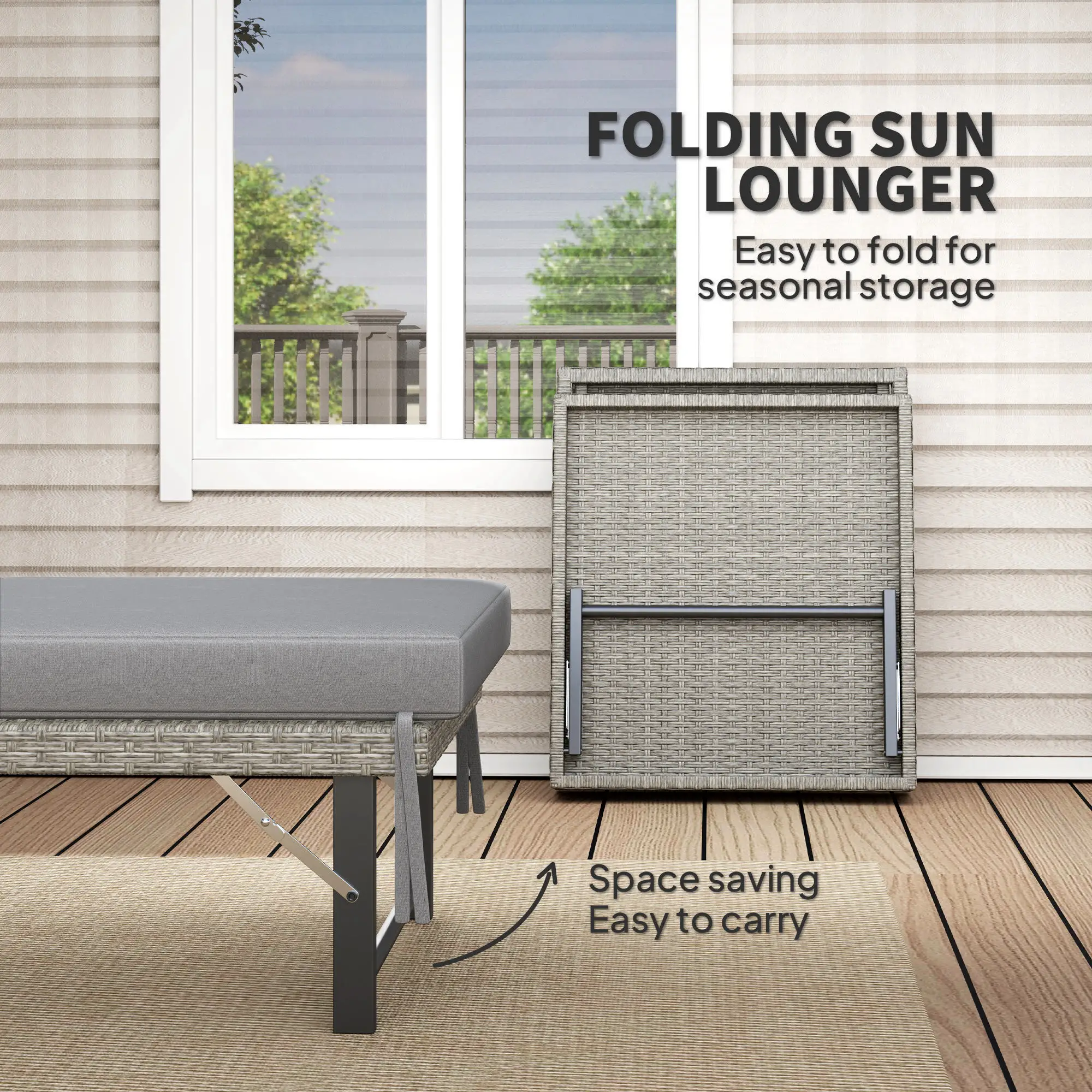 Folding Outdoor Lounge Chair, Wicker Chaise With Cushion, Grey - Image 4