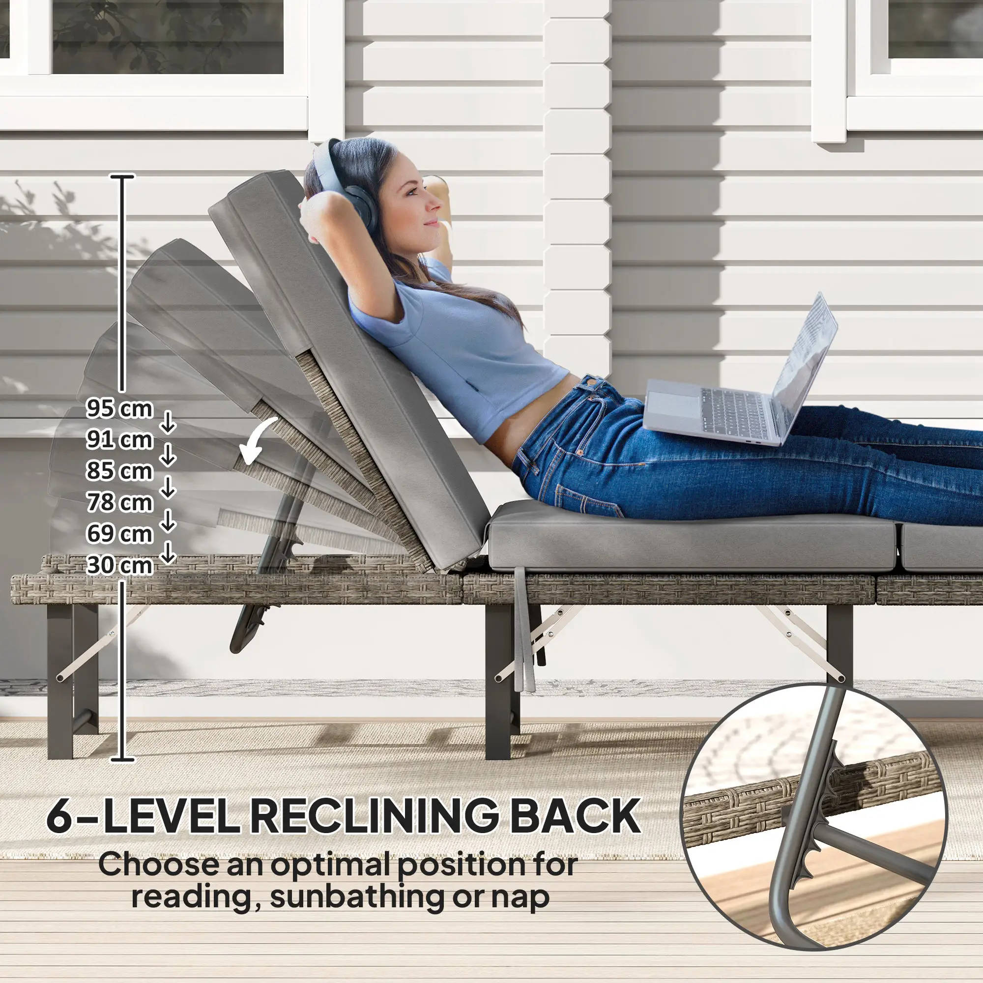 Folding Outdoor Lounge Chair, Wicker Chaise With Cushion, Grey - Image 5