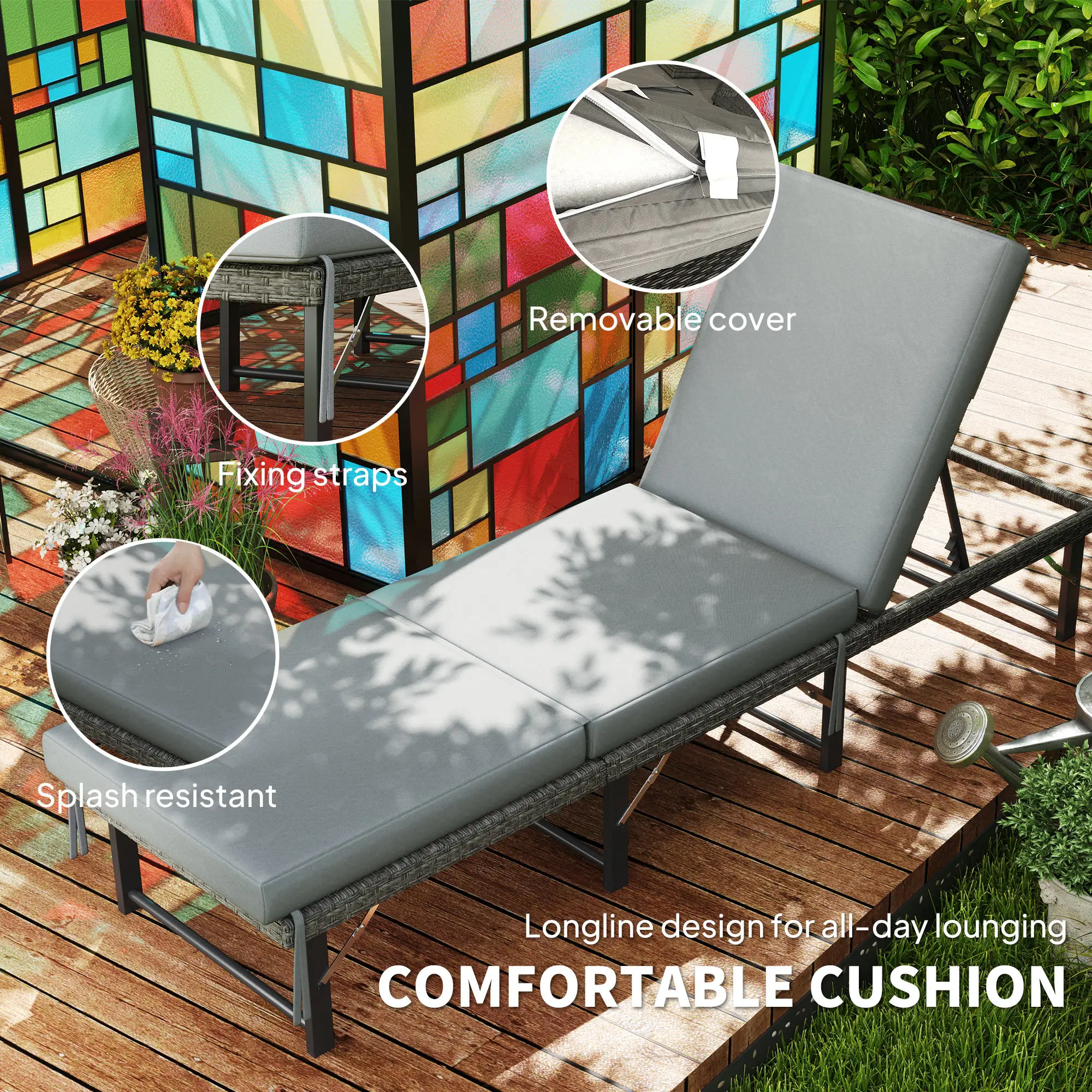 Folding Outdoor Lounge Chair, Wicker Chaise With Cushion, Grey - Image 7