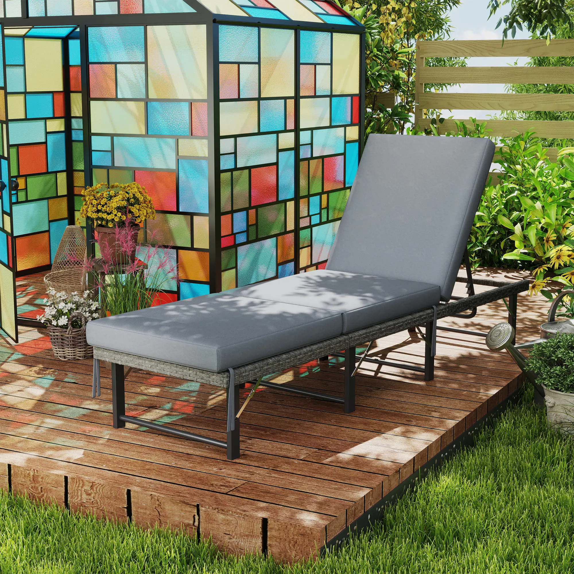 Folding Outdoor Lounge Chair, Wicker Chaise With Cushion, Grey - Image 8