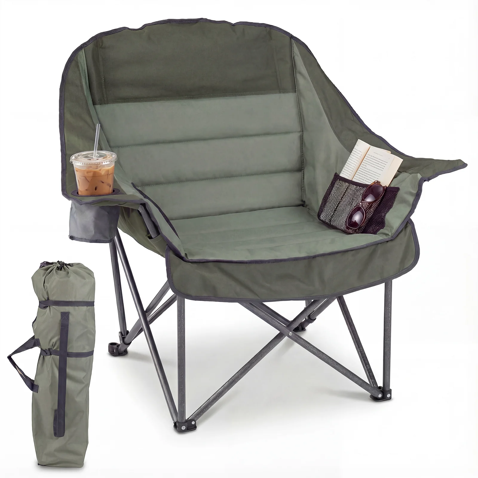 Folding Oversized Camping Chair, Side Pockets, Cup Holder, Green