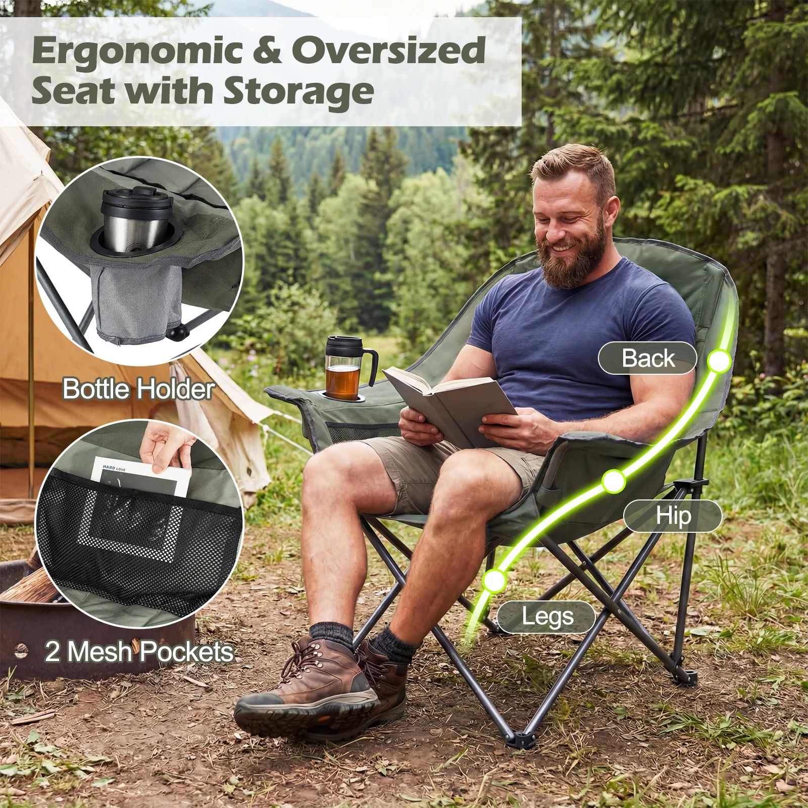 Folding Oversized Camping Chair, Side Pockets, Cup Holder, Green - Image 9