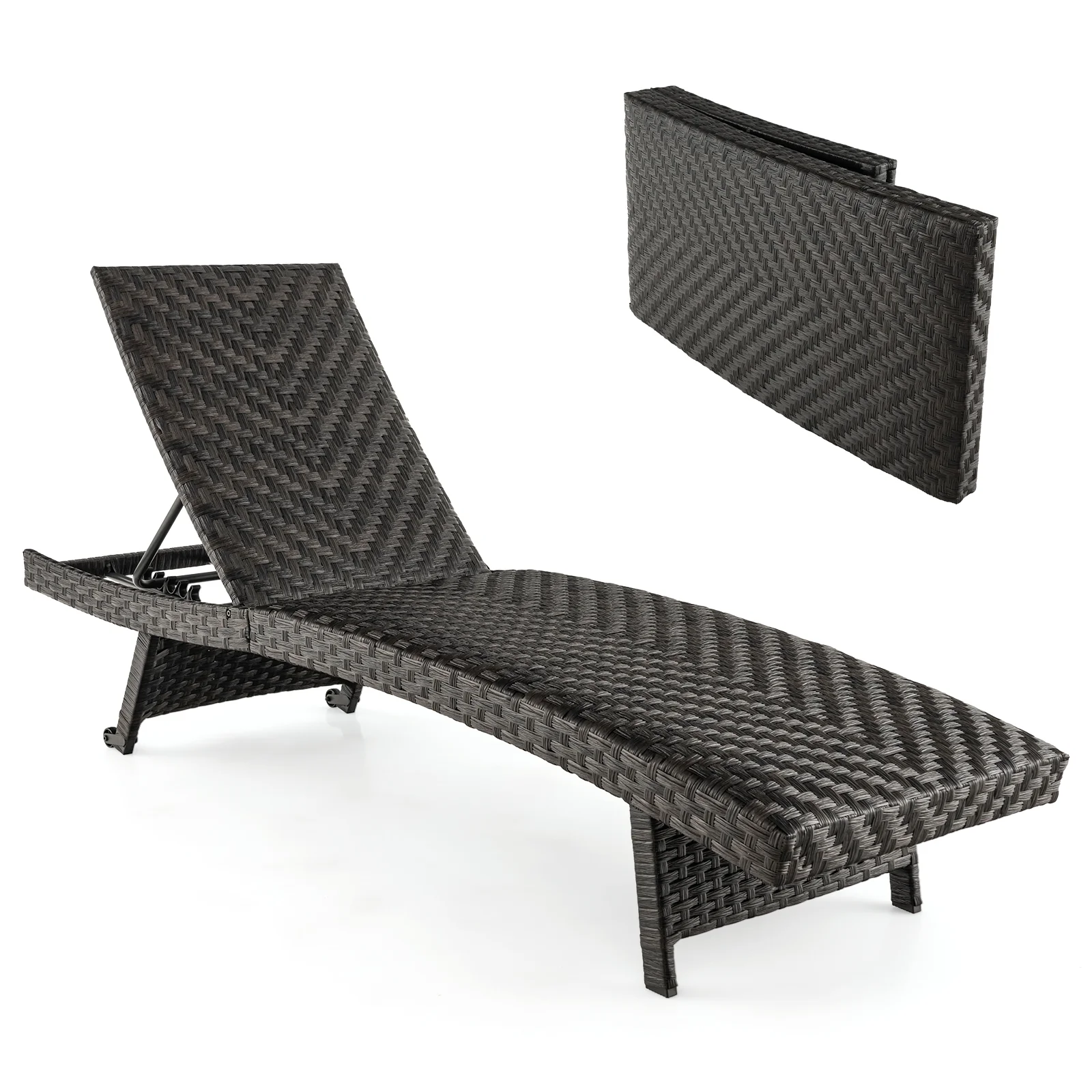 Folding Padded Rattan Chaise Lounge, Adjustable Backrest, Quick Dry Foam, Brown