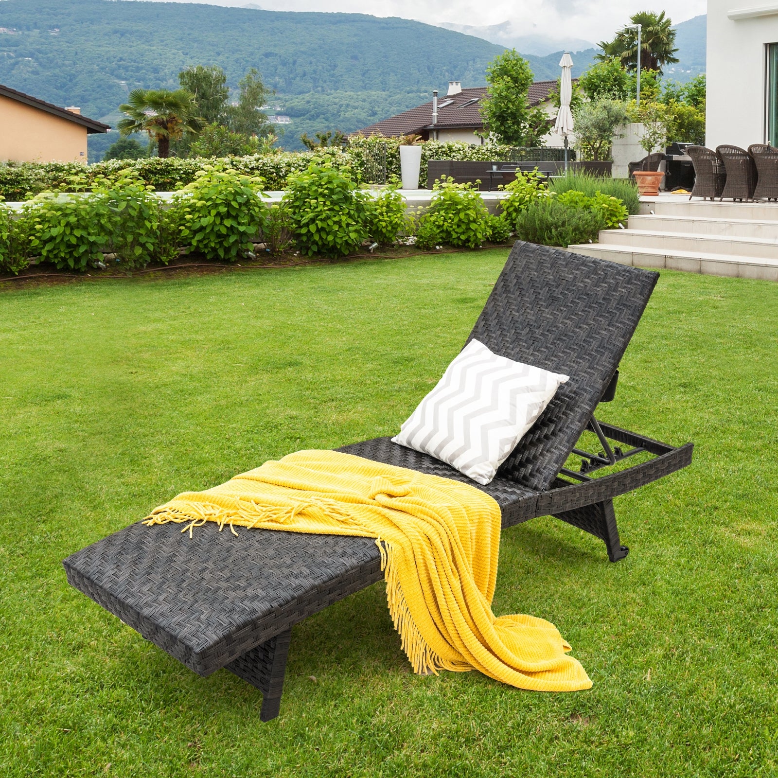 Folding Padded Rattan Chaise Lounge, Adjustable Backrest, Quick Dry Foam, Brown - Image 2