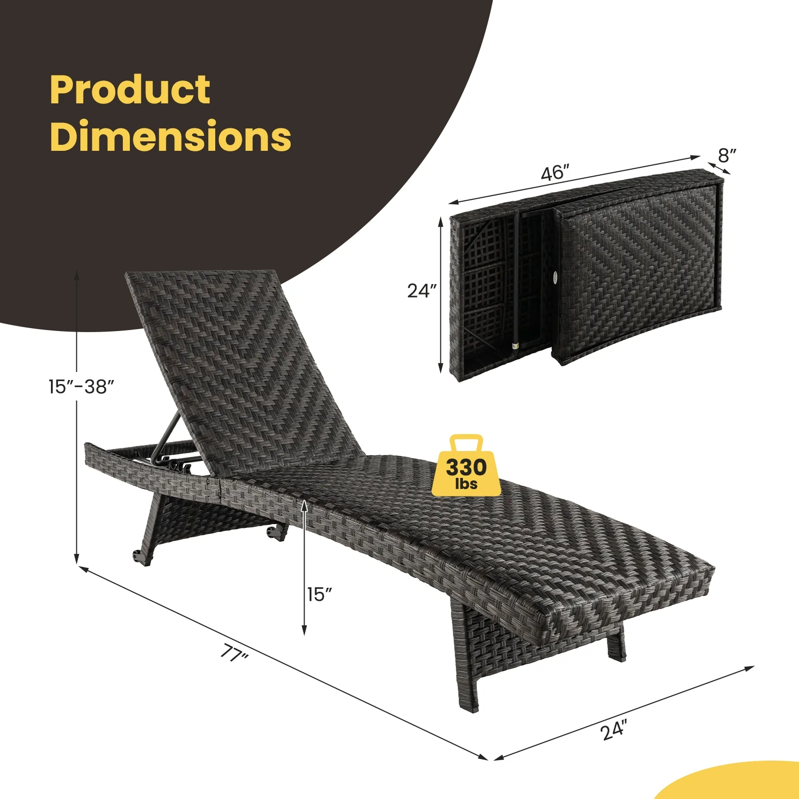 Folding Padded Rattan Chaise Lounge, Adjustable Backrest, Quick Dry Foam, Brown - Image 6
