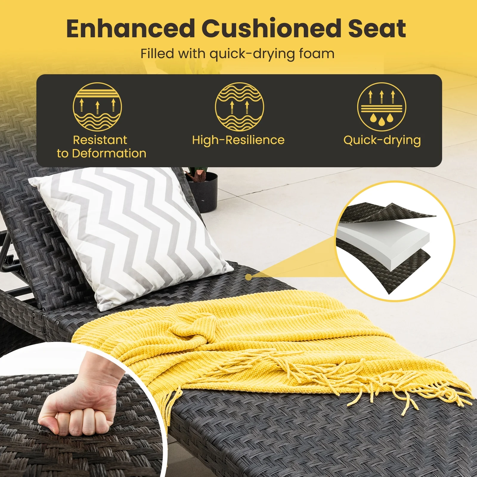 Folding Padded Rattan Chaise Lounge, Adjustable Backrest, Quick Dry Foam, Brown - Image 8