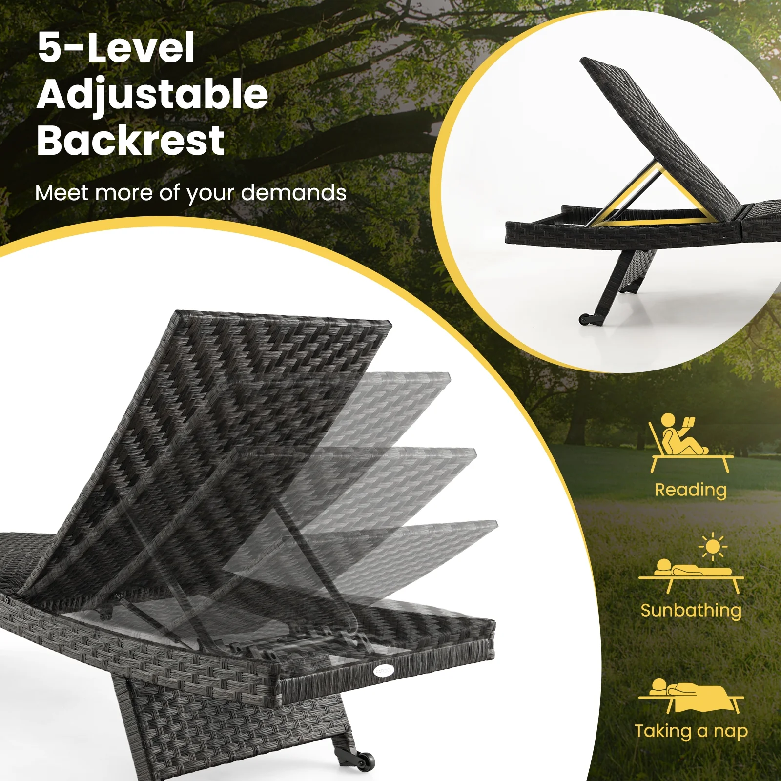 Folding Padded Rattan Chaise Lounge, Adjustable Backrest, Quick Dry Foam, Brown - Image 9