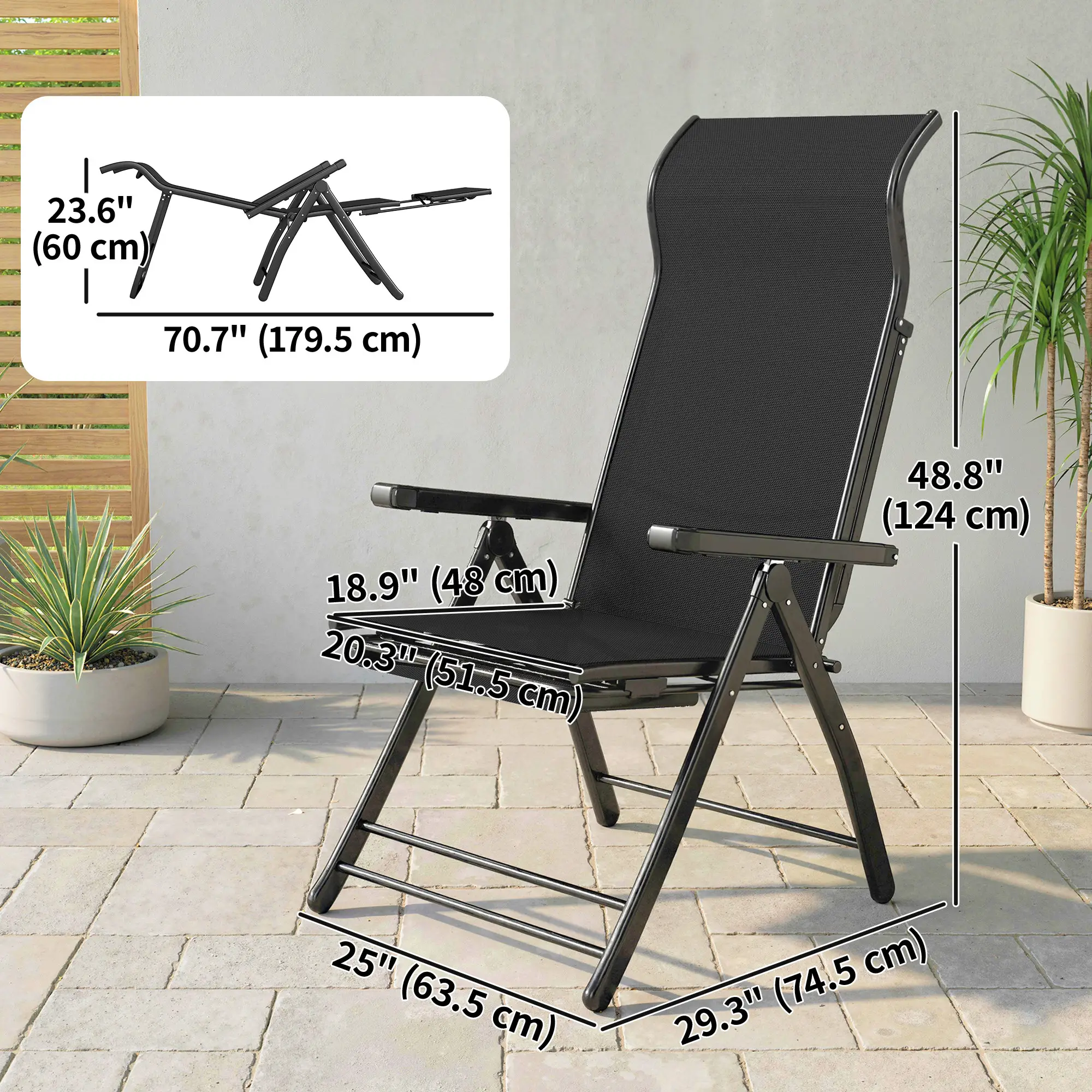 Folding Patio Chairs Set of 2, 5-Position Outdoor Lounge Chairs, Black - Image 3