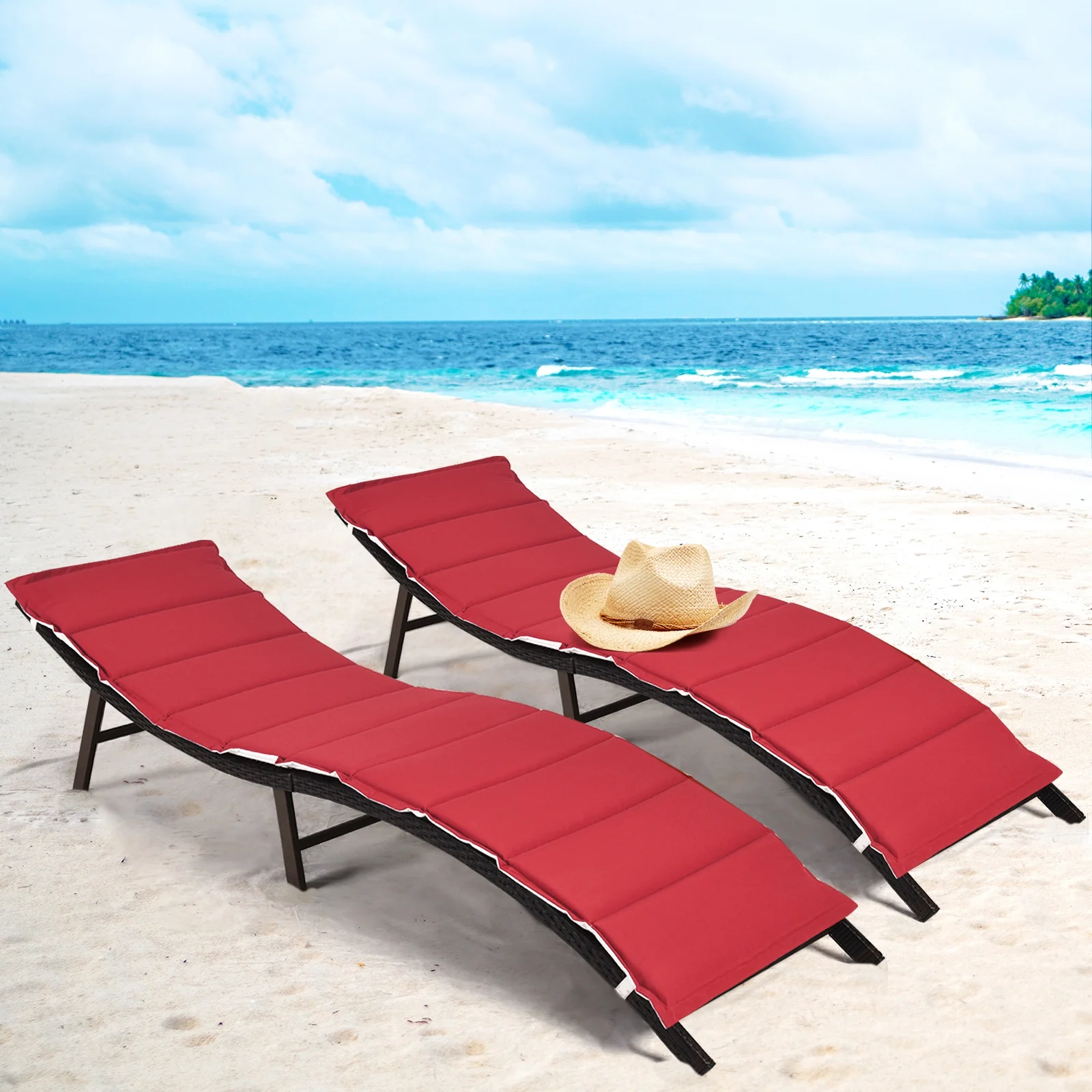 Folding Patio Lounger Chair, 2 Pieces, Red - Image 2
