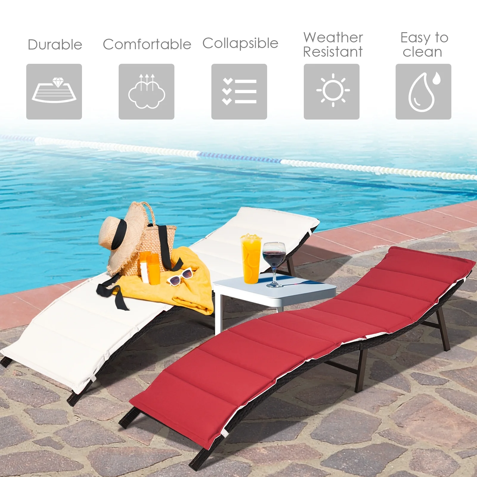Folding Patio Lounger Chair, 2 Pieces, Red - Image 7