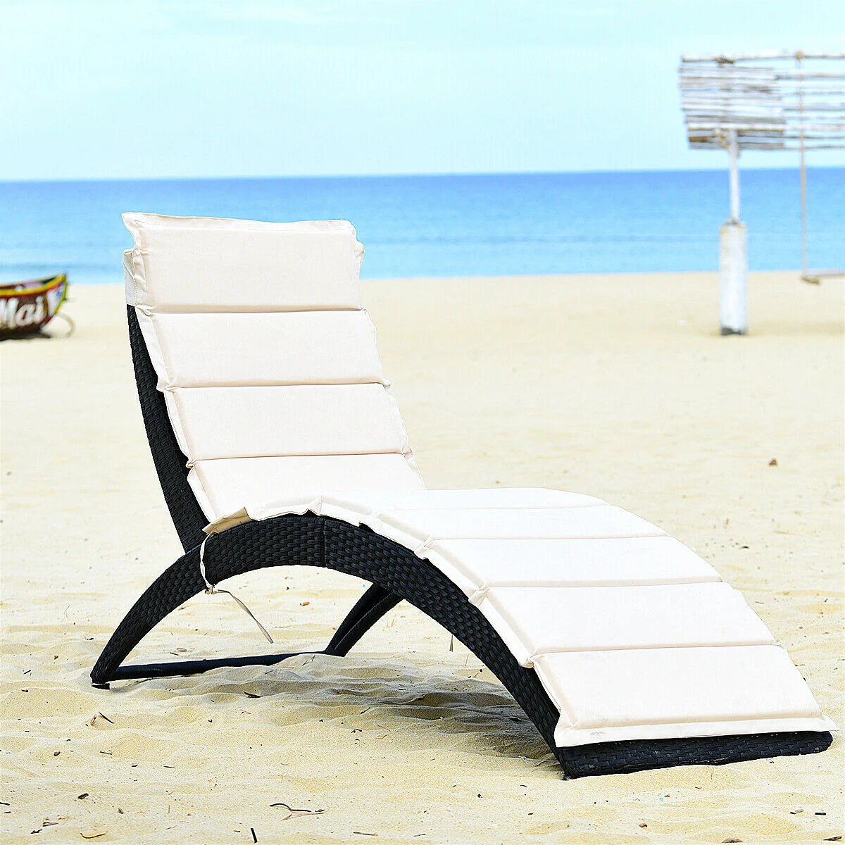 Folding Patio Rattan Lounge Chair With Cushion, Beige - Image 7
