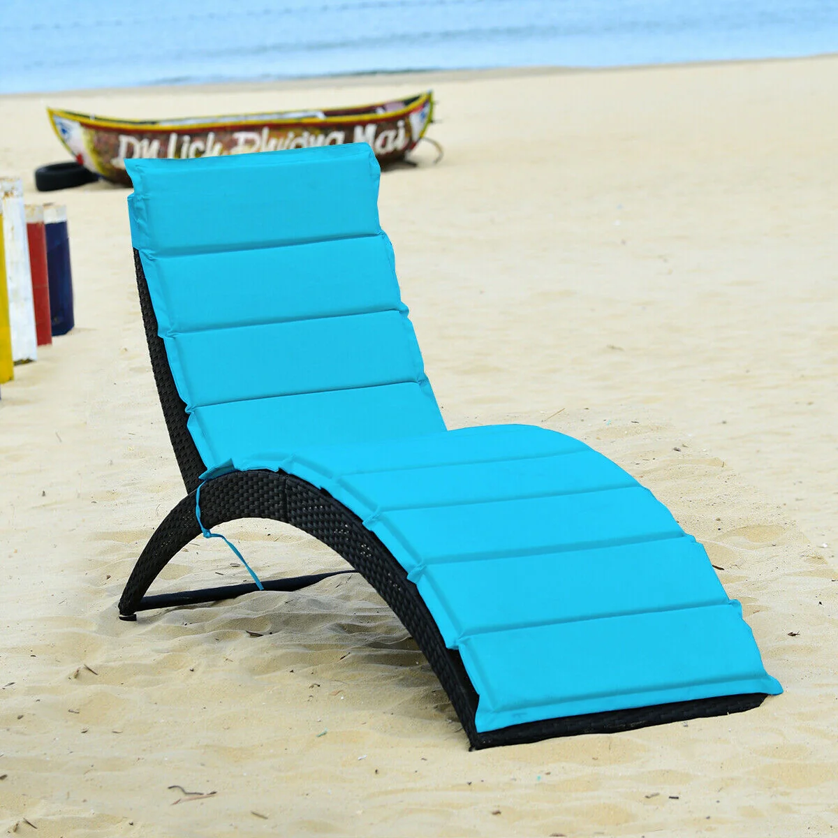 Folding Patio Rattan Lounge Chair With Cushion, Turquoise - Image 3